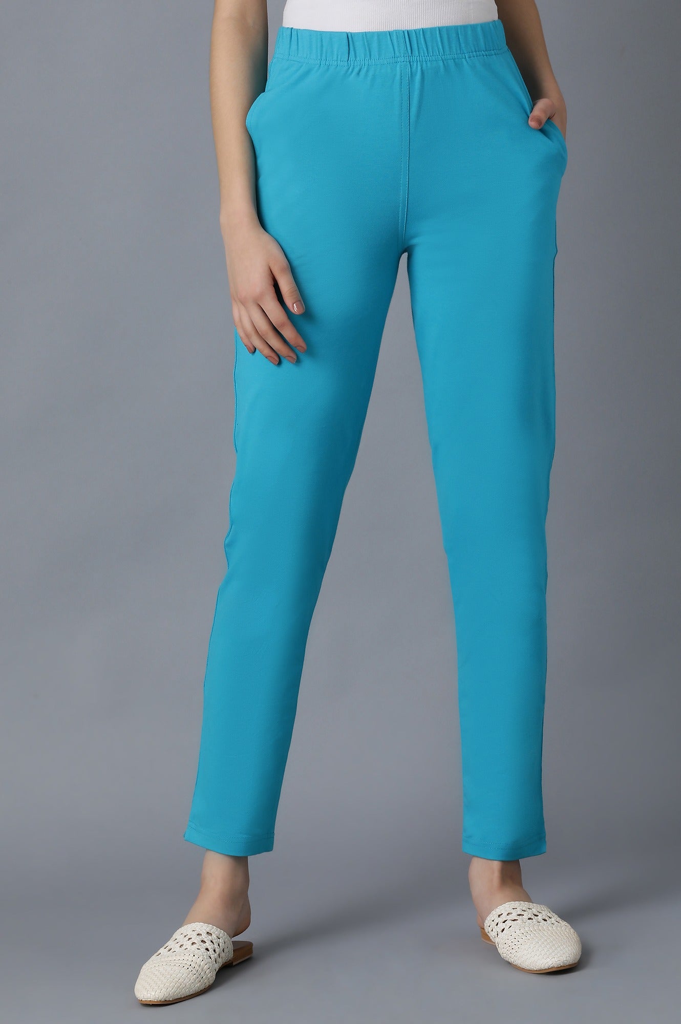 Sky Blue Solid Straight Fit Cotton Pants With Elasticated Waistband