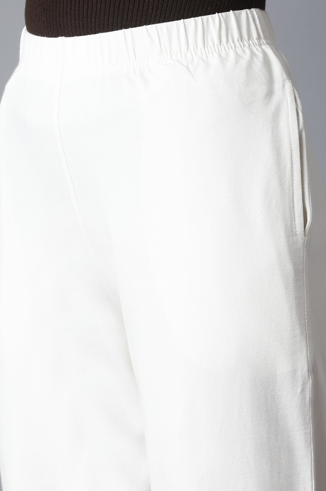 Off White Solid Straight-fit Cotton Pants with Elasticated Waistband
