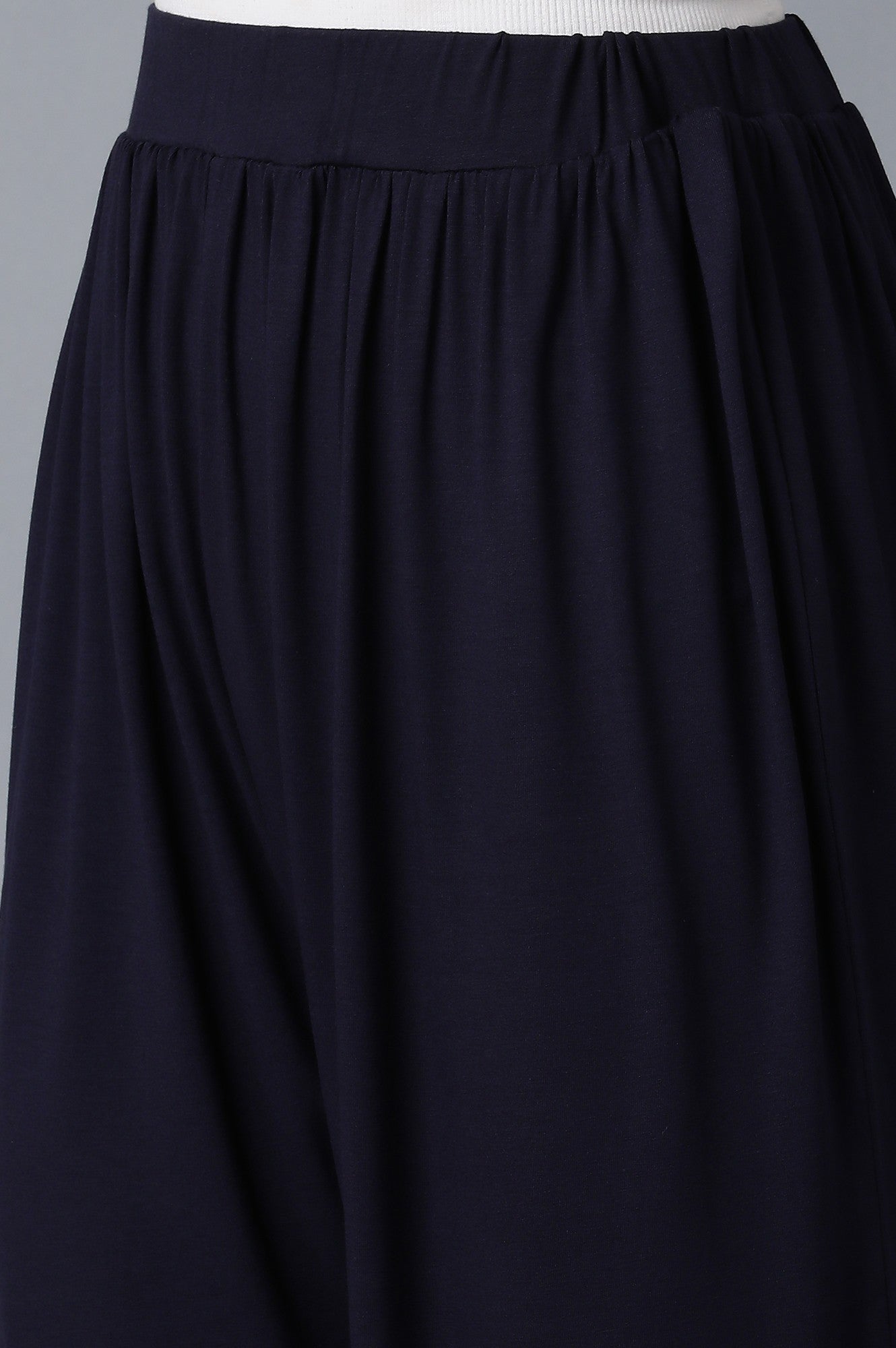 Navy Blue Solid Flared Pants With Elasticated Waistband