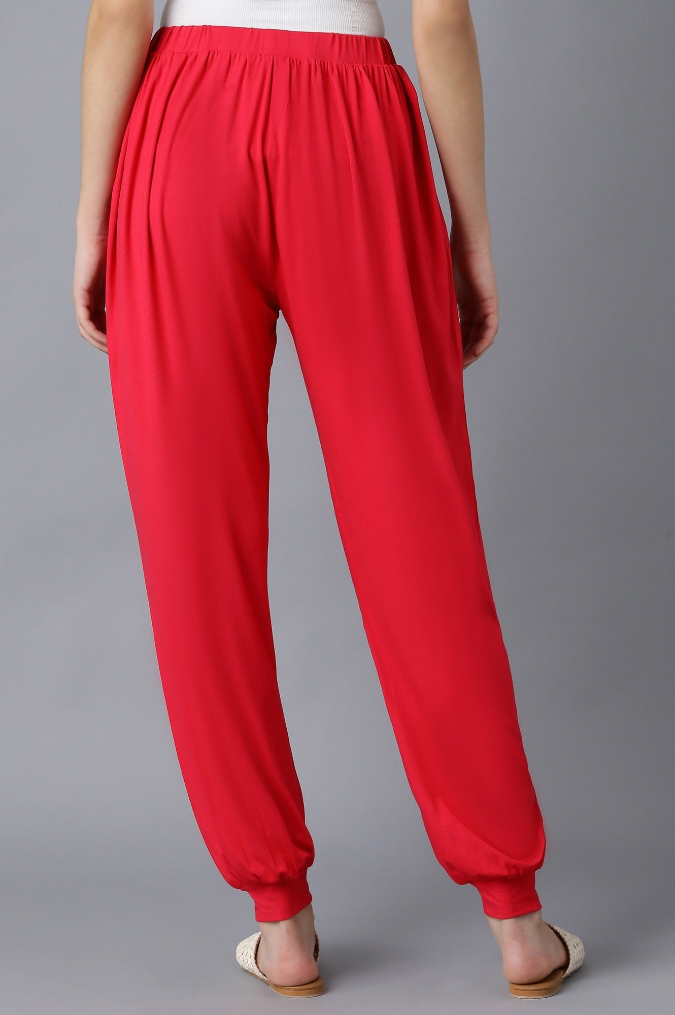 Red Solid Flared Pants With Elasticated Waist