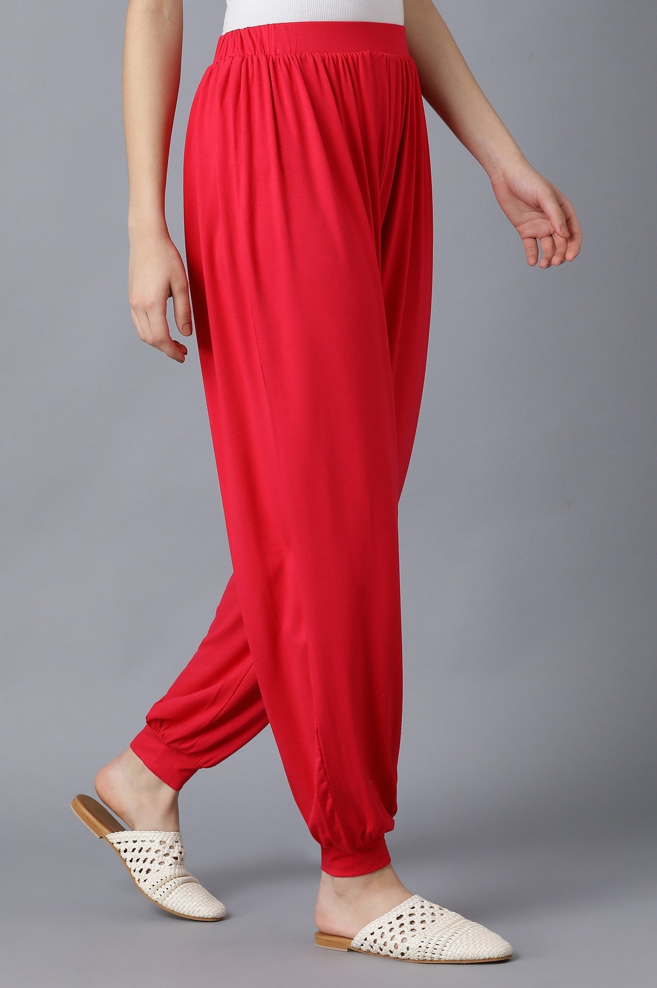Red Solid Flared Pants With Elasticated Waist