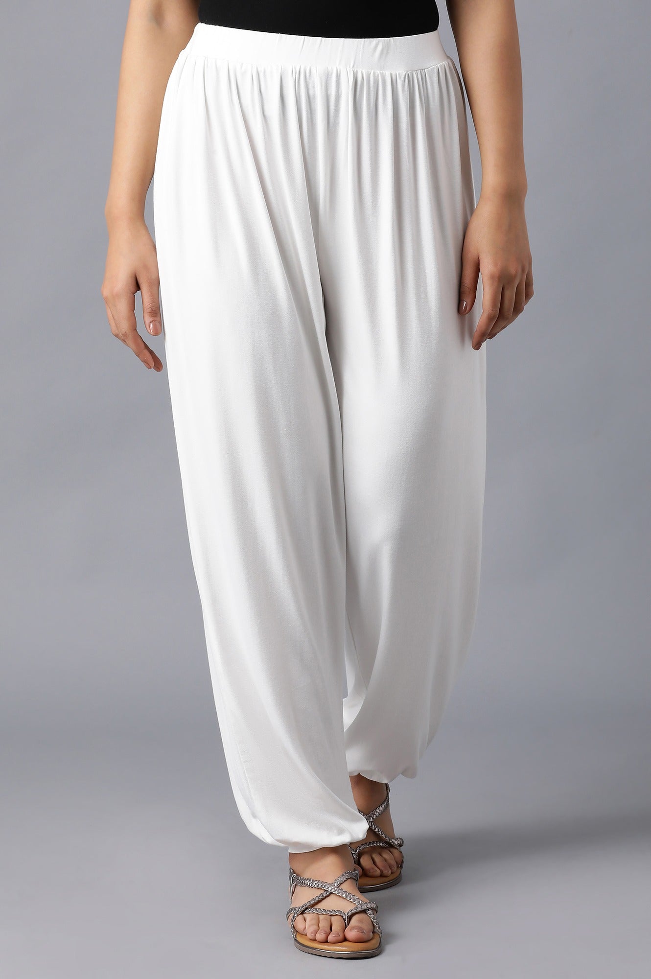 White Solid Flared Palazzo With Elasticated Waistband
