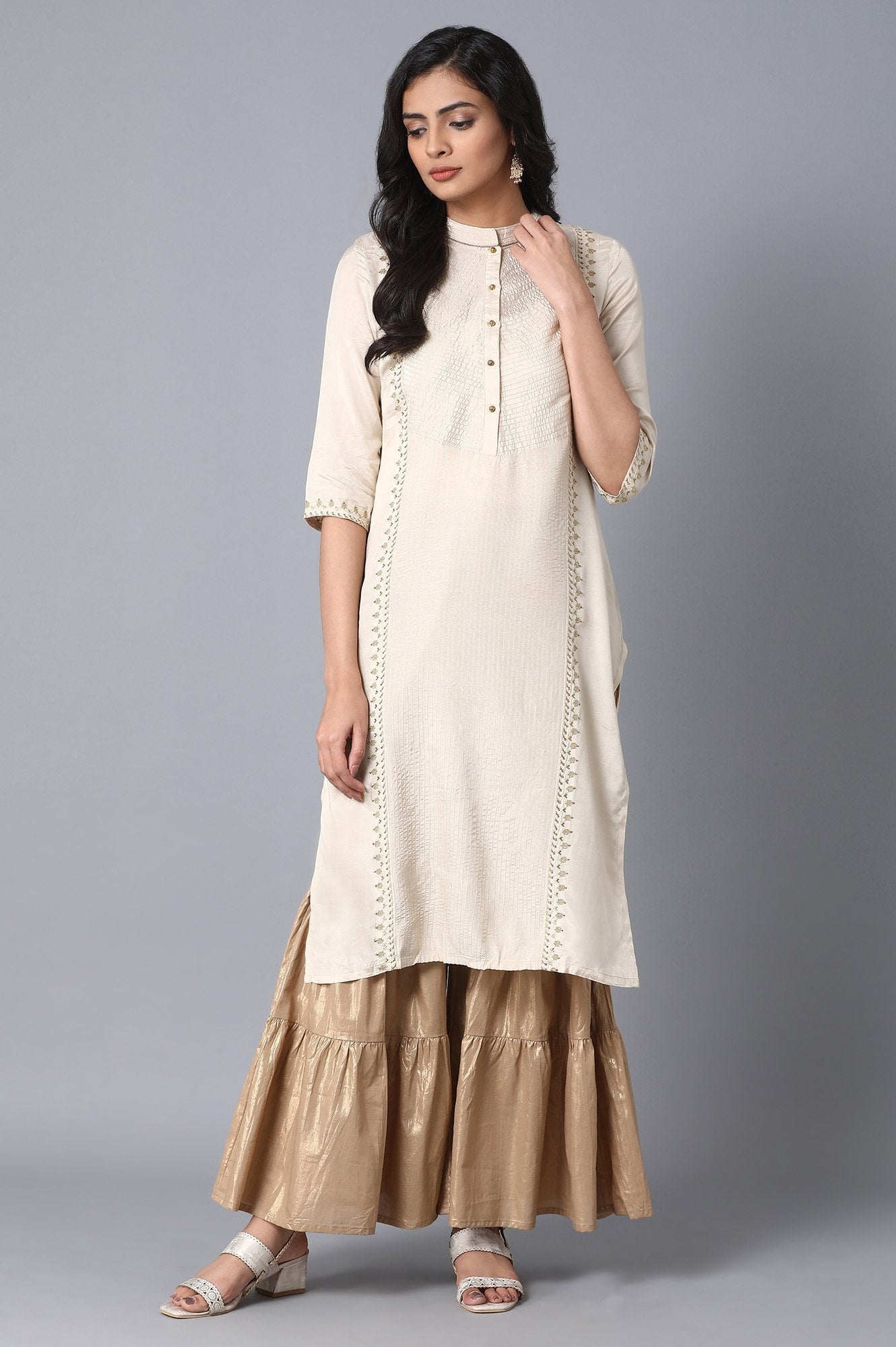 Gold Textured Flared Cotton Palazzo With Elasticated Waist