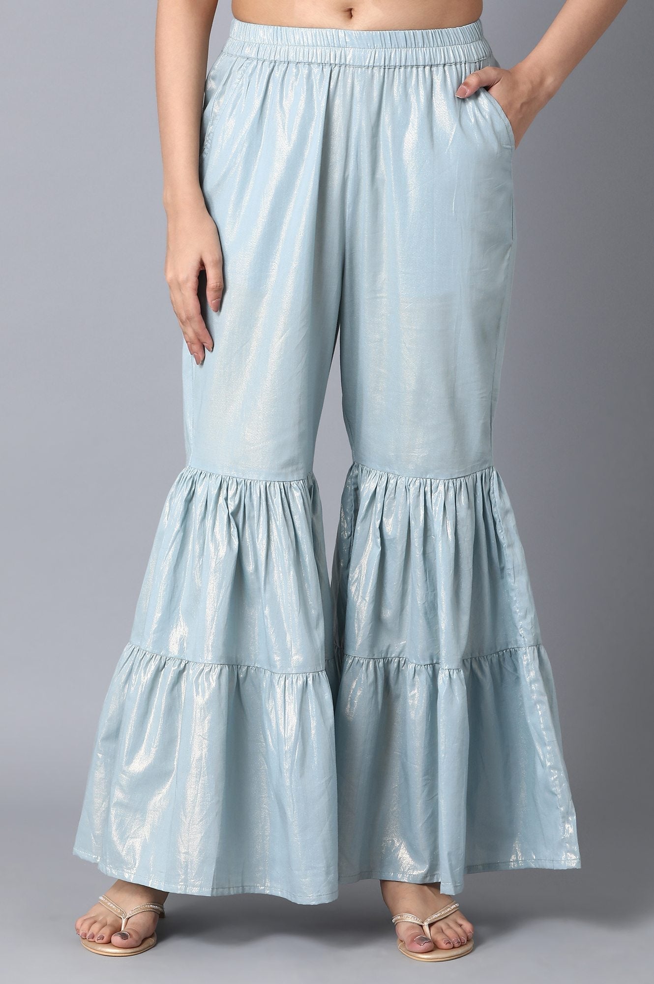 Light Blue Textured Flared Cotton Palazzo With Elasticated Waist