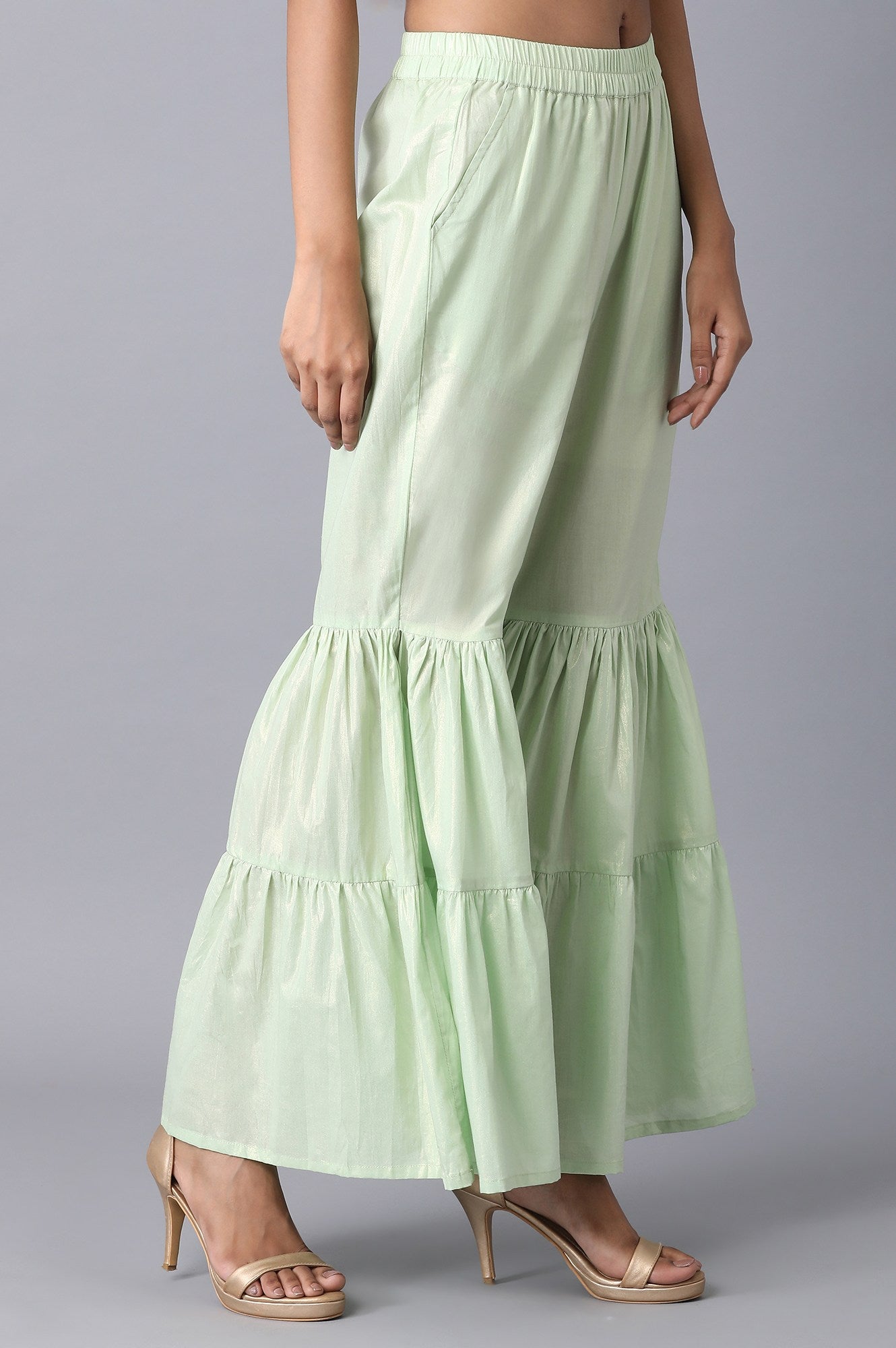 Light Green Textured Flared Cotton Palazzo With Elasticated Waistband