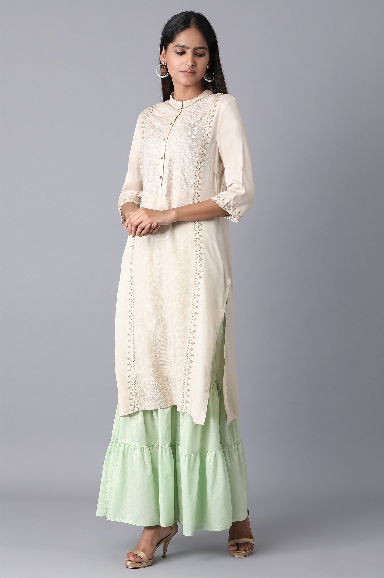 Light Green Textured Flared Cotton Palazzo With Elasticated Waistband