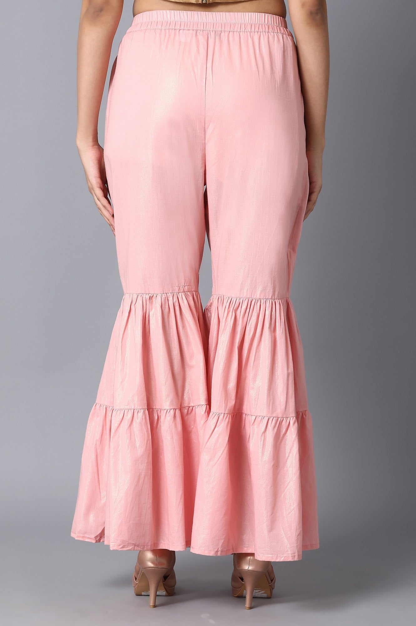 Light Pink Textured Flared Cotton Palazzo With Elasticated Waistband