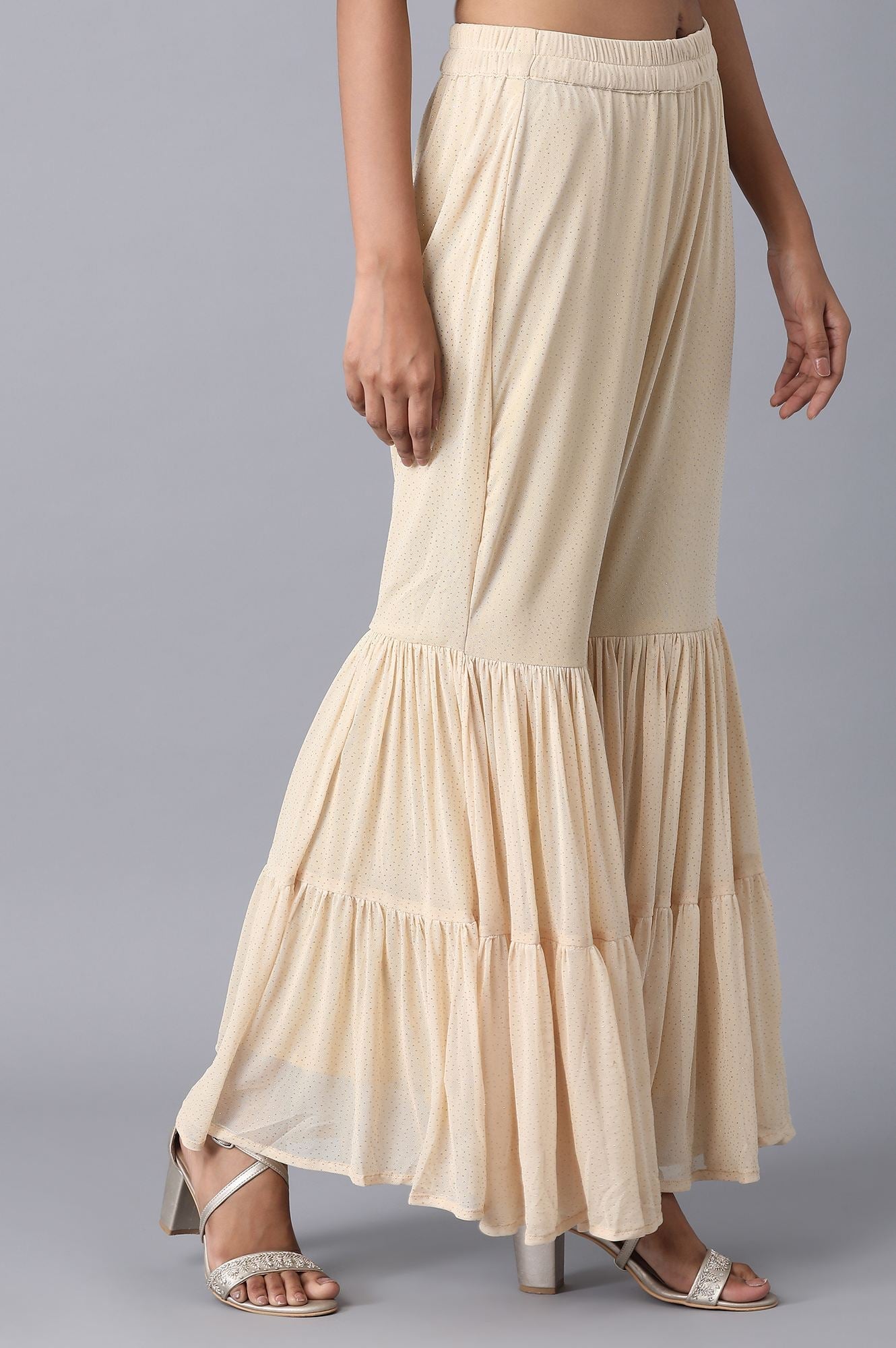 Gold Solid Flared Woven Palazzo With Elasticated Waistband