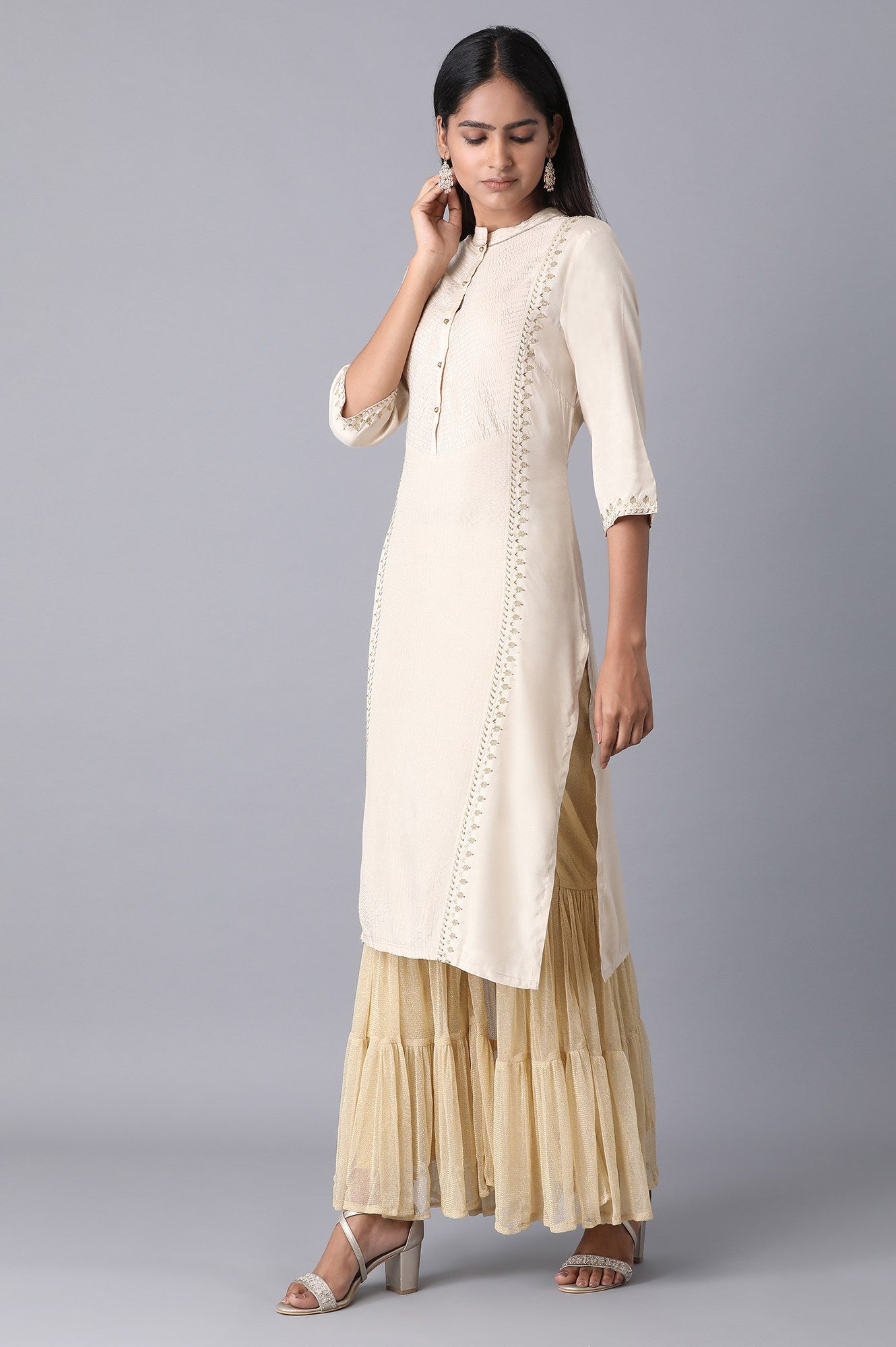 Gold Solid Flared Woven Palazzo With Elasticated Waist