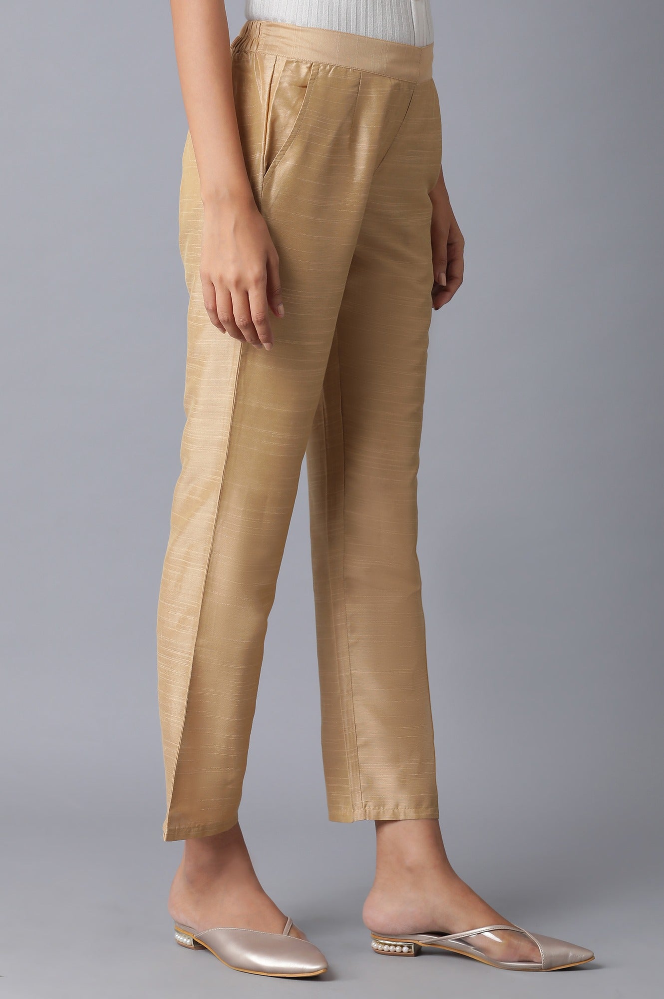 Gold Solid Parallel Fit Pants With Elasticated Waist