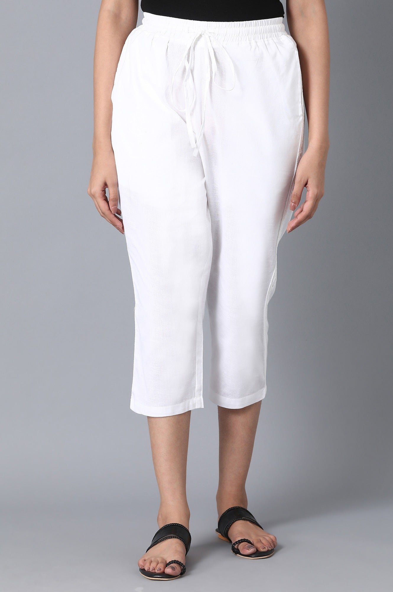 White Solid Straight Fit Cotton Pants With Drawstring