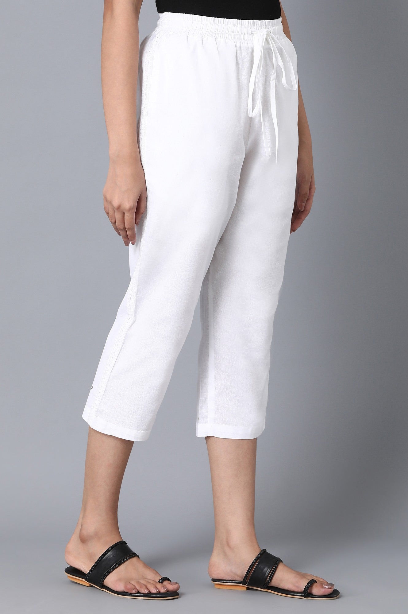 White Solid Straight Fit Cotton Pants With Drawstring