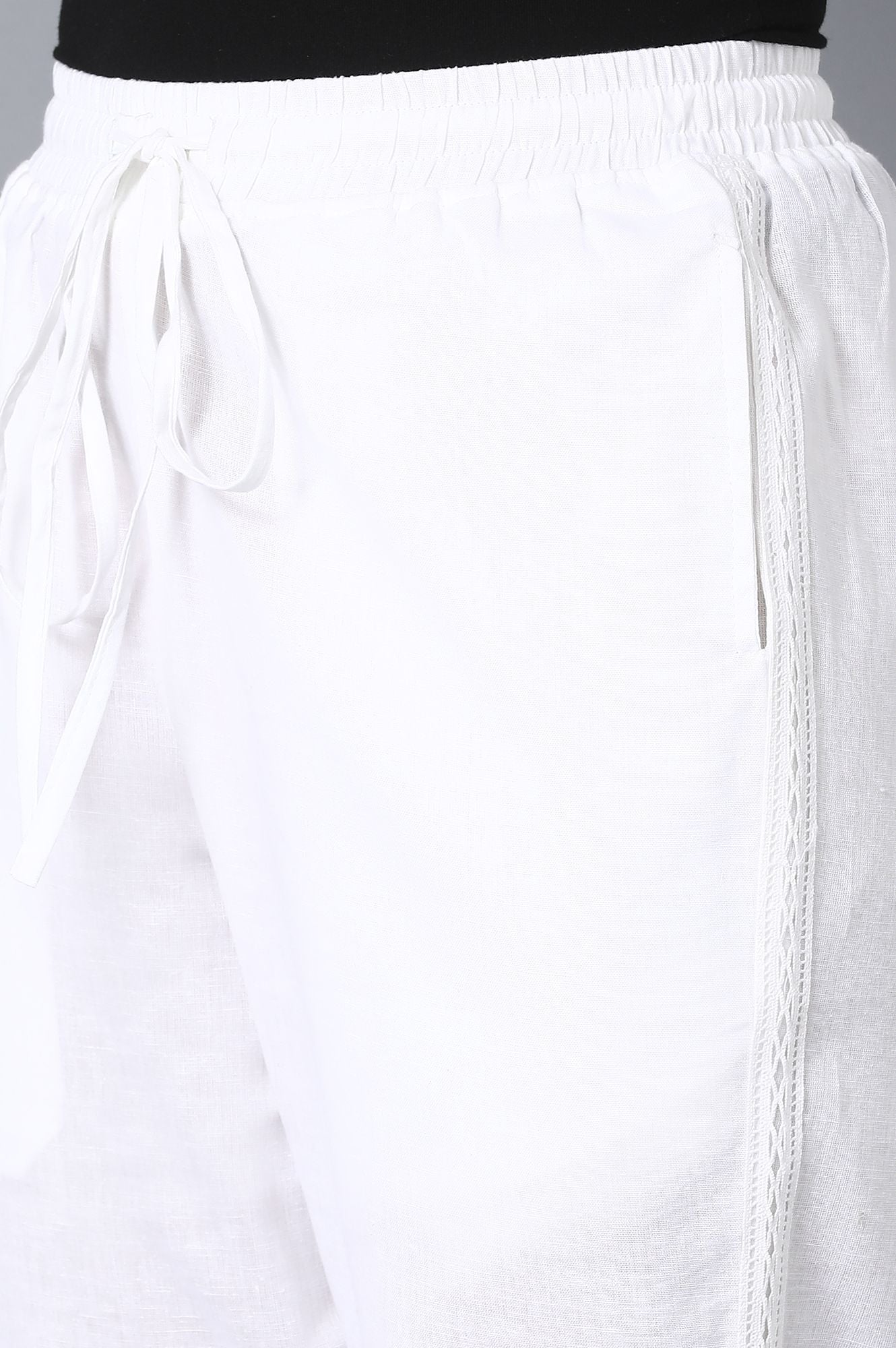 White Solid Straight Fit Cotton Pants With Drawstring