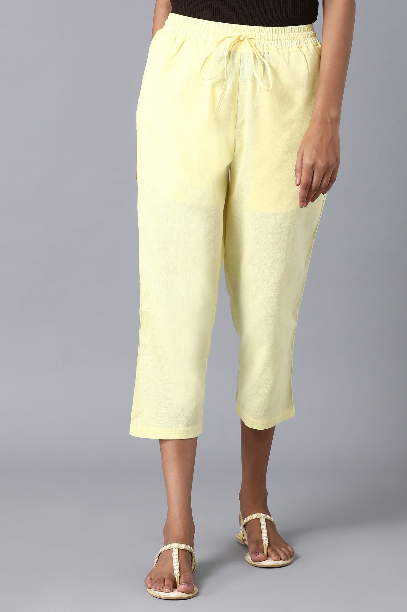 Yellow Solid Straight Fit Cotton Palazzo With Drawstring