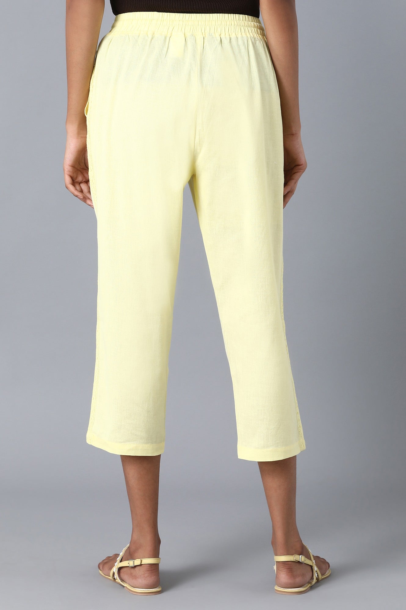 Yellow Solid Straight Fit Cotton Palazzo With Drawstring