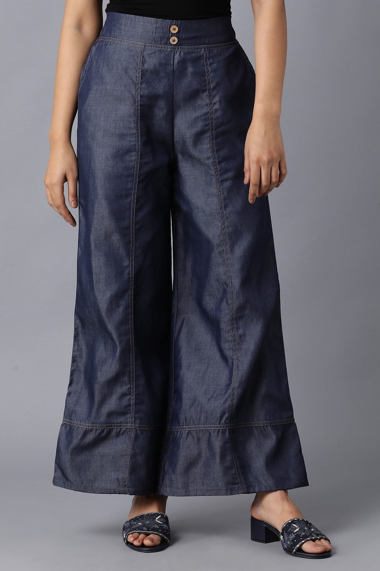 Blue Solid Flared Denim Palazzo With Button Detail