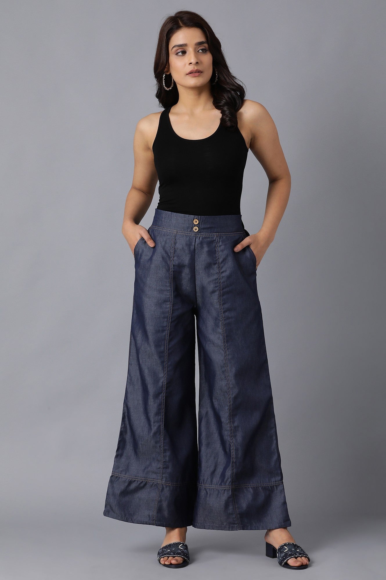 Blue Solid Flared Denim Palazzo With Button Detail