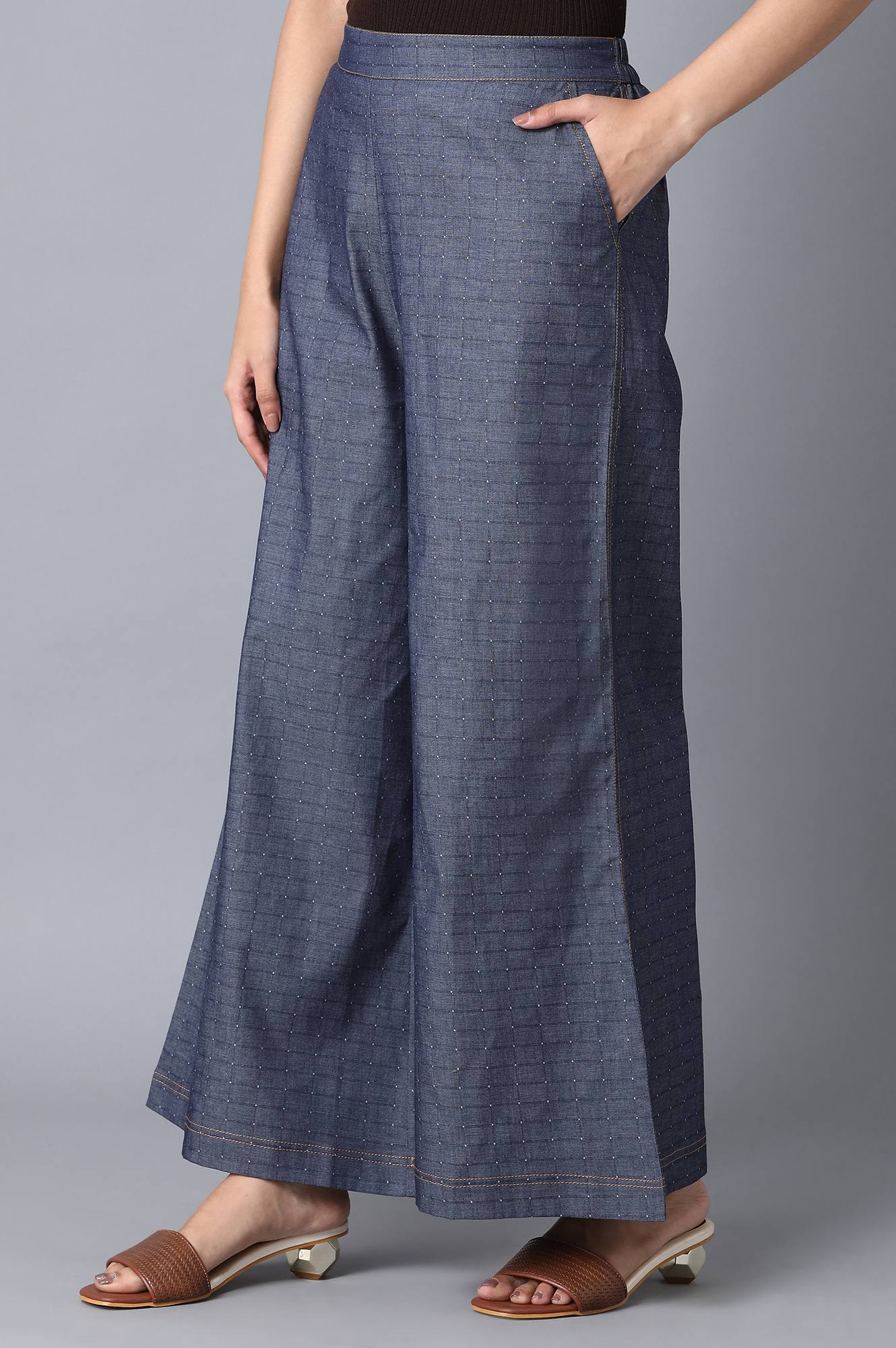 Blue Checkered Flared Cotton Palazzo With Elasticated Waist