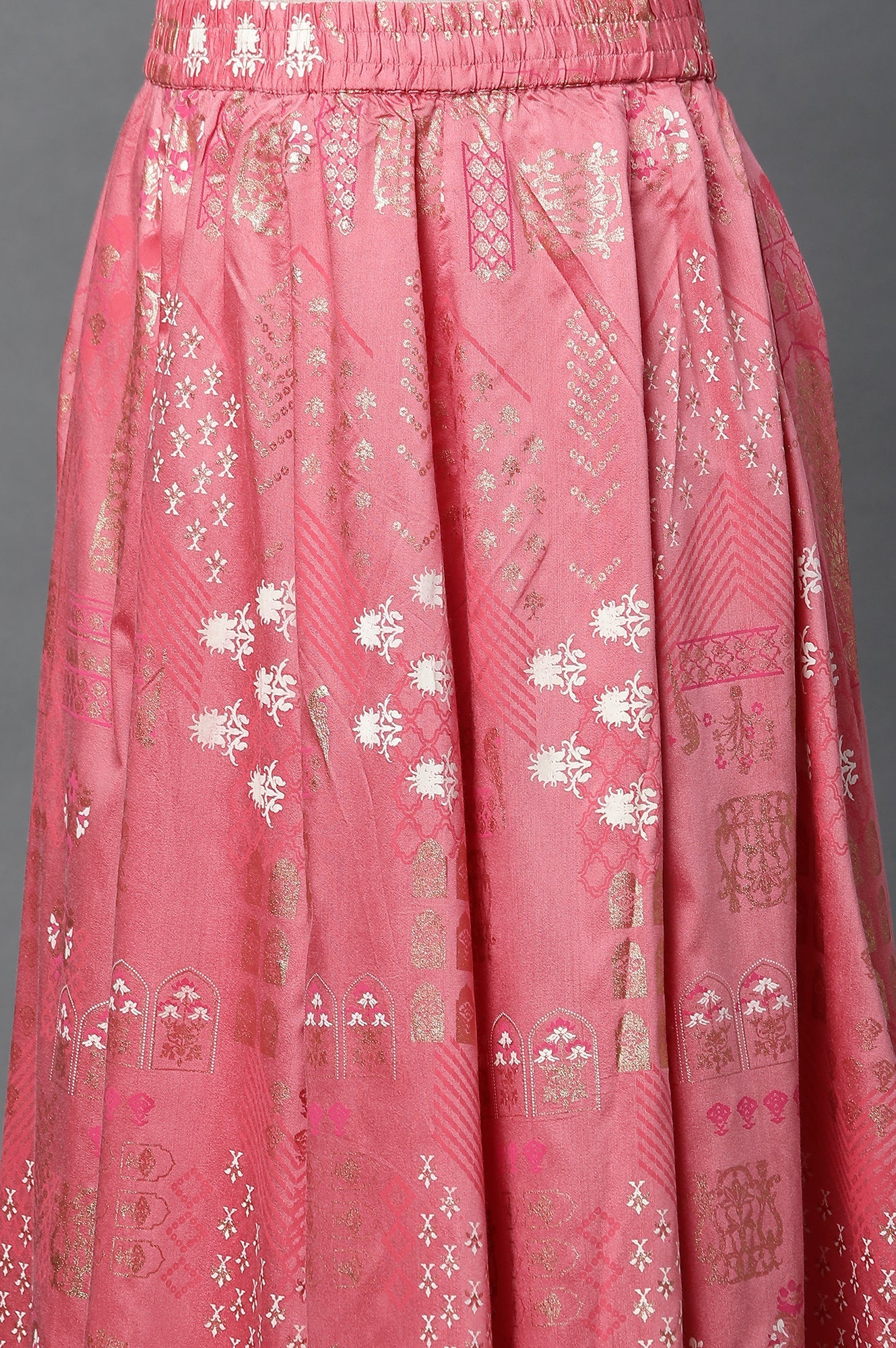 Pink Printed Flared Woven Skirt With Elasticated Waist