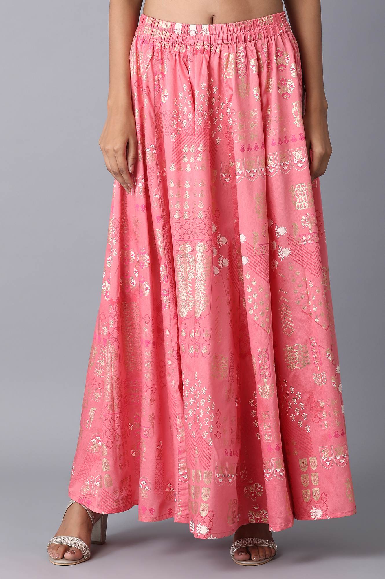 Peach Printed Flared Cotton Skirt with Elasticated Waist