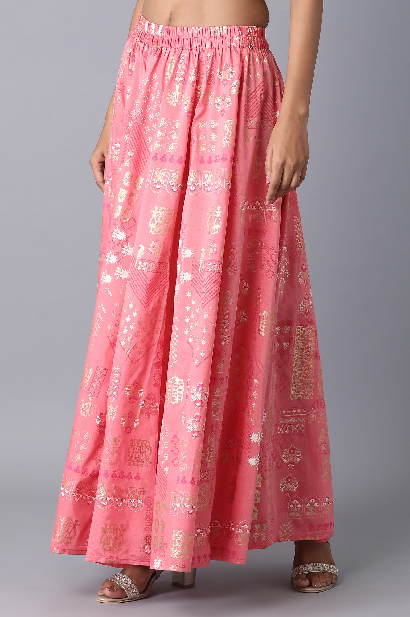 Peach Printed Flared Cotton Skirt with Elasticated Waist