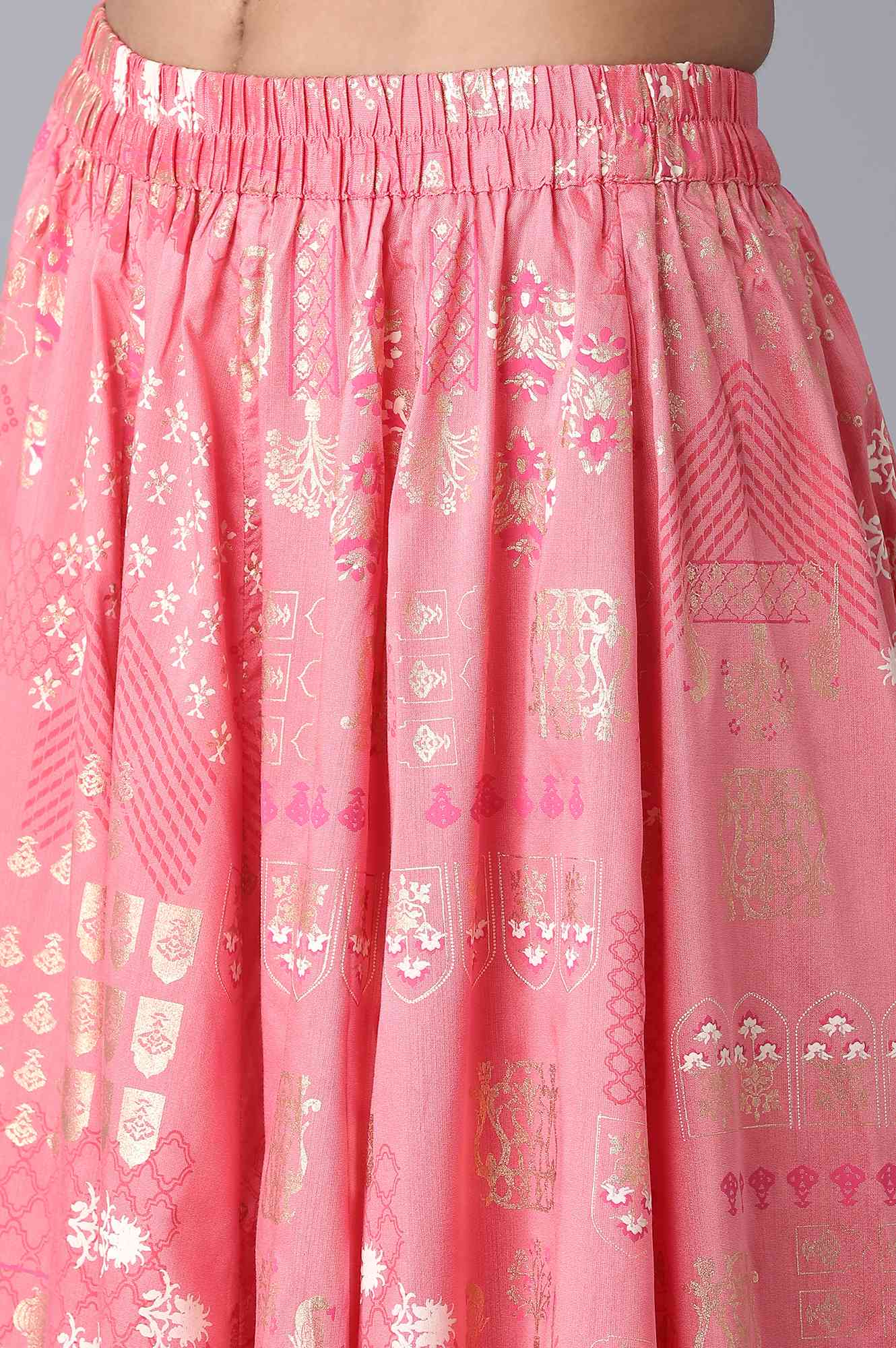 Peach Printed Flared Cotton Skirt with Elasticated Waist