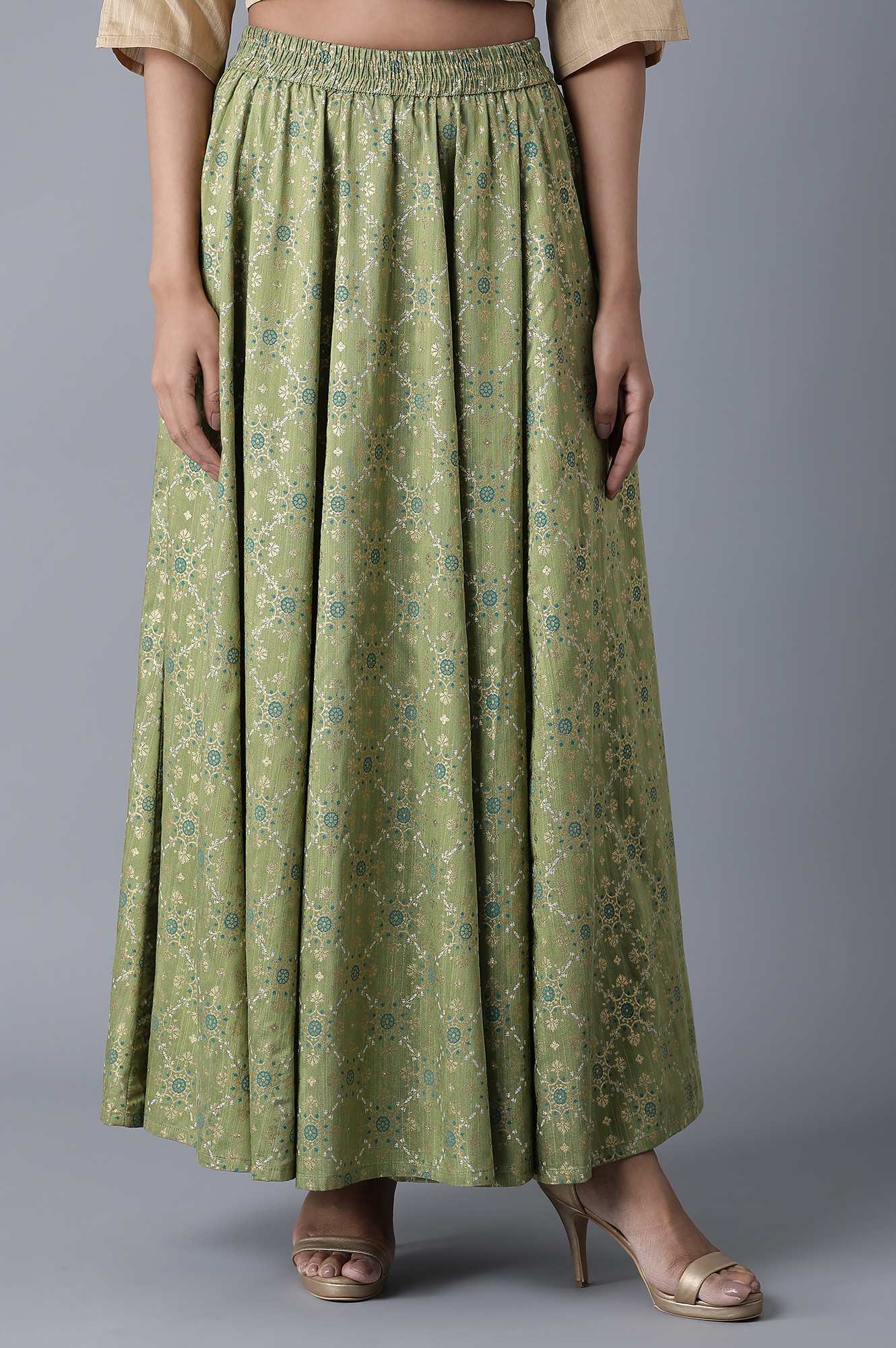 Green Floral Printed Flared Woven Skirt With Elasticated Waist