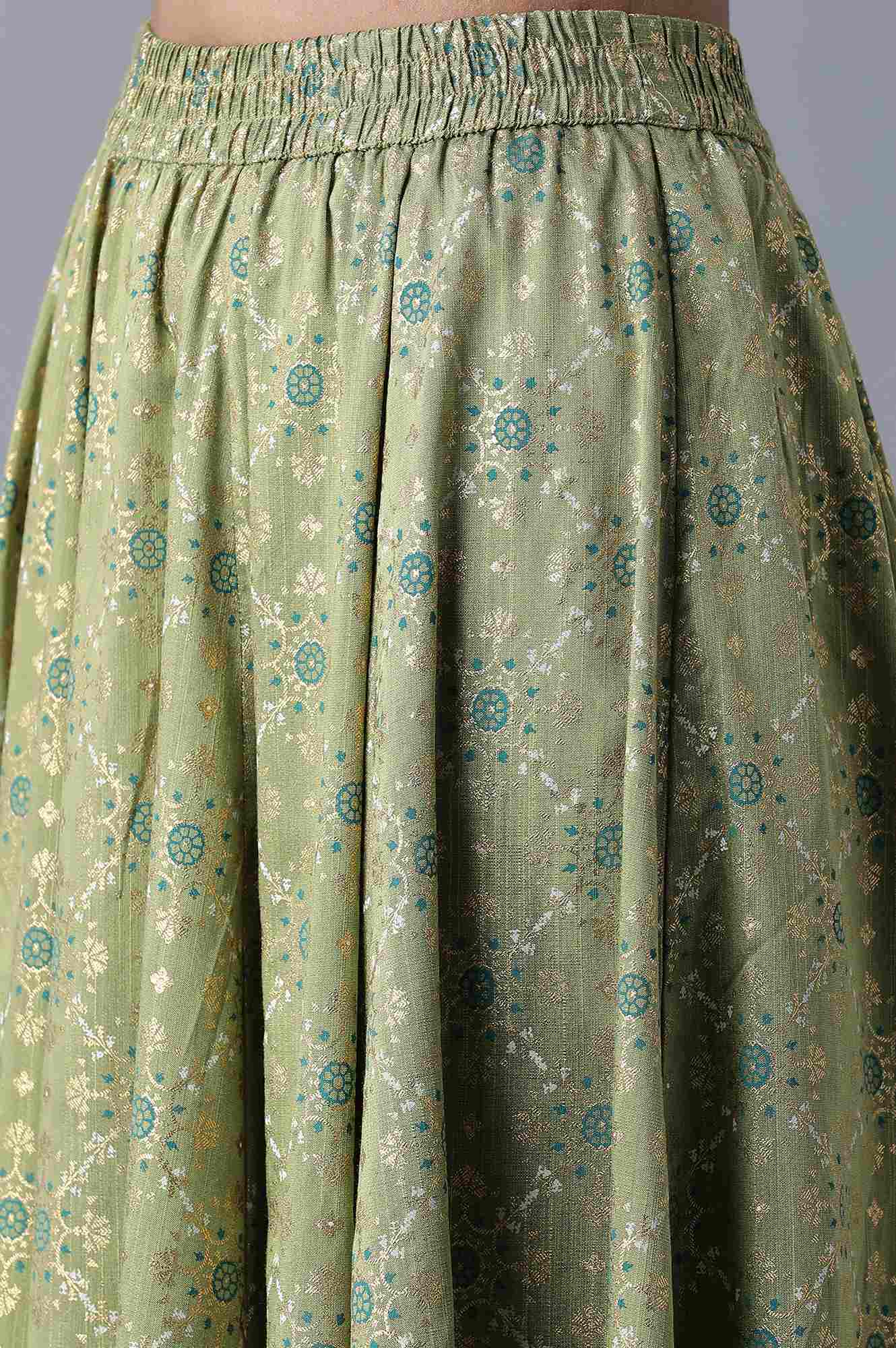 Green Floral Printed Flared Woven Skirt With Elasticated Waist