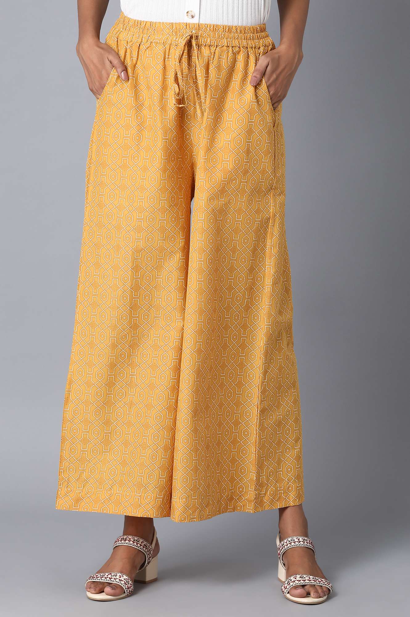 Mustard Geometric Printed Straight-fit Cotton Palazzo with Drawstring