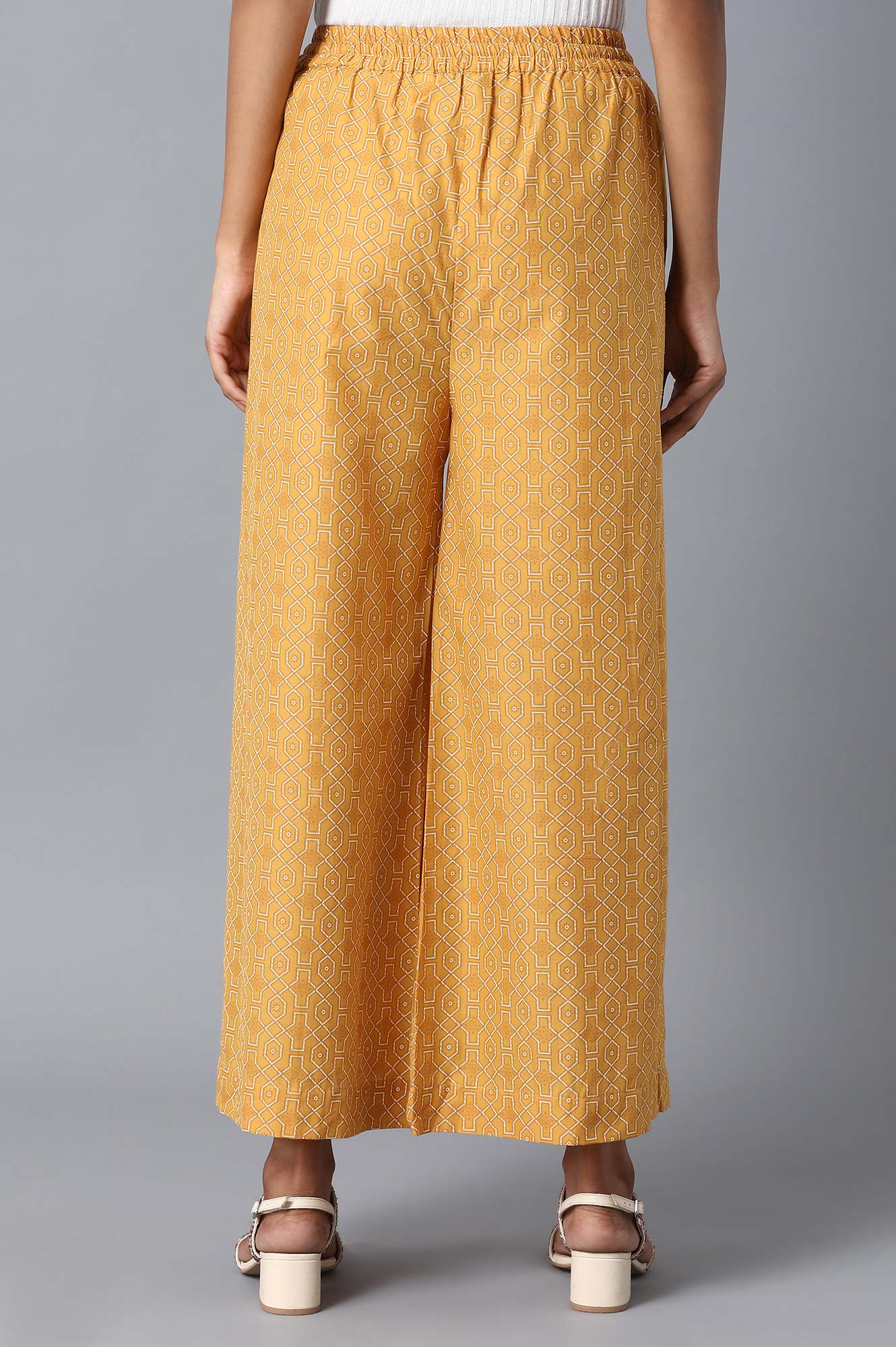 Mustard Geometric Printed Straight-fit Cotton Palazzo with Drawstring
