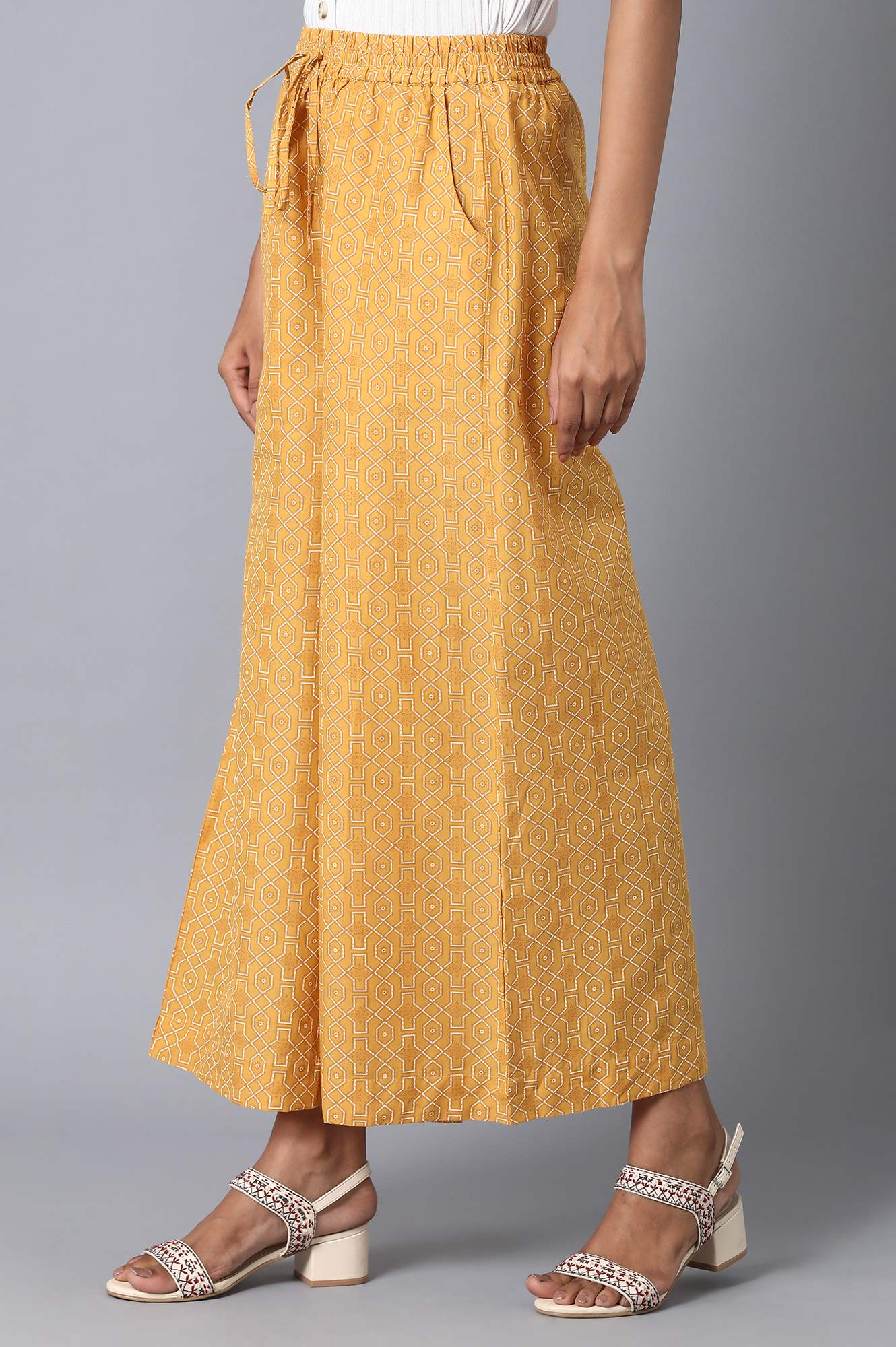 Mustard Geometric Printed Straight-fit Cotton Palazzo with Drawstring