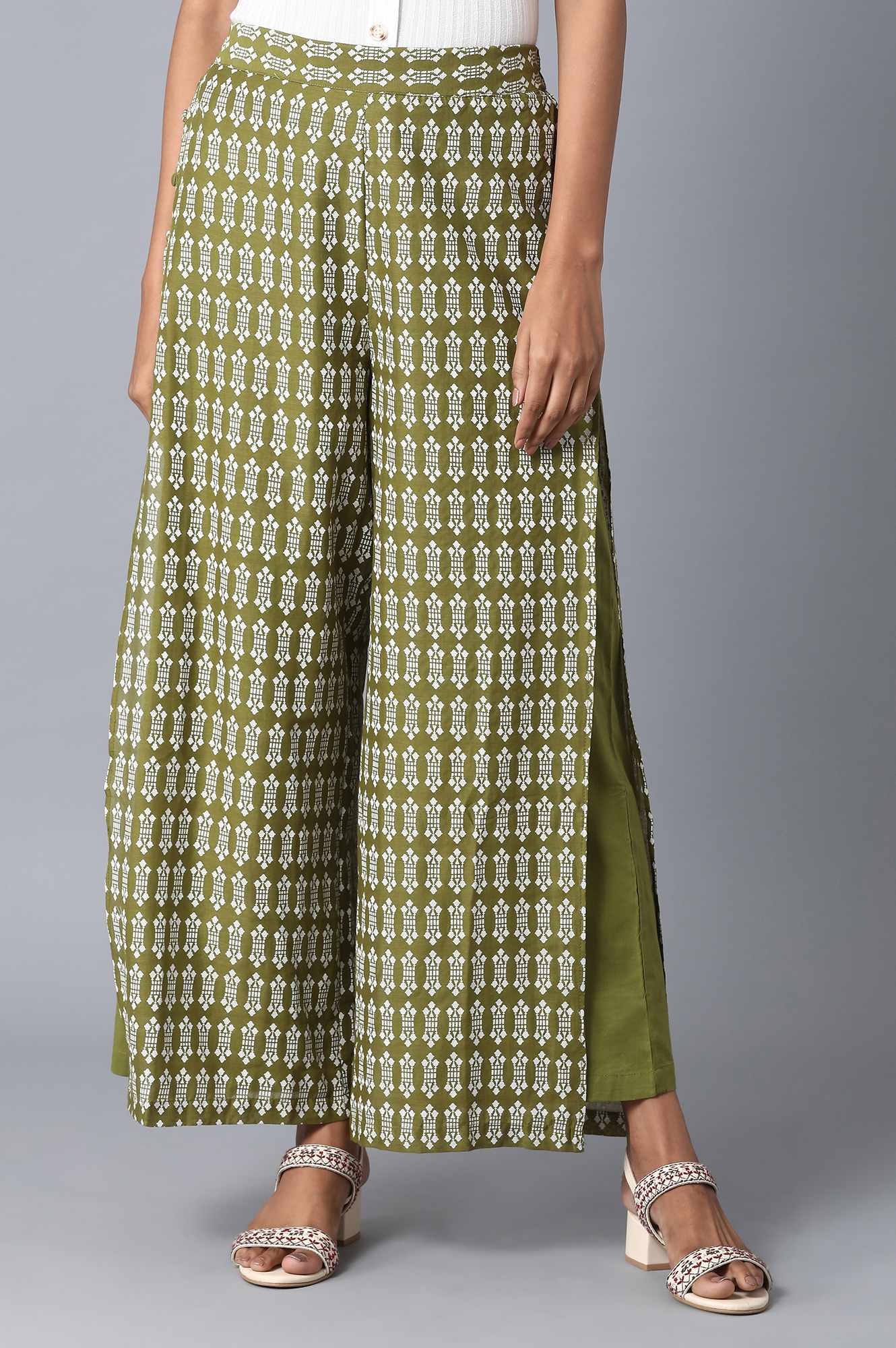 Olive Floral Printed Flared Cotton Palazzo with Elasticated Waist