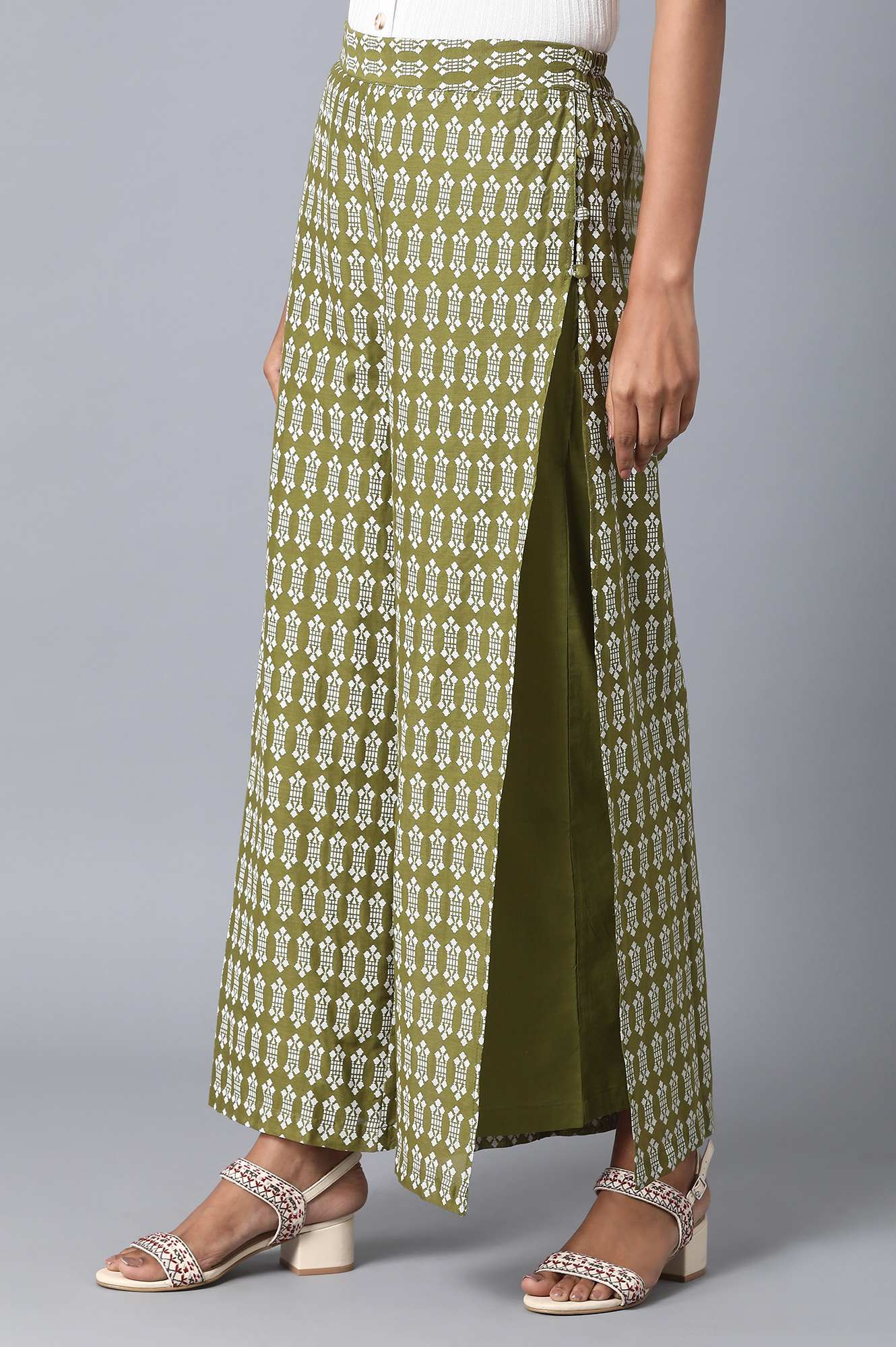 Olive Floral Printed Flared Cotton Palazzo with Elasticated Waist