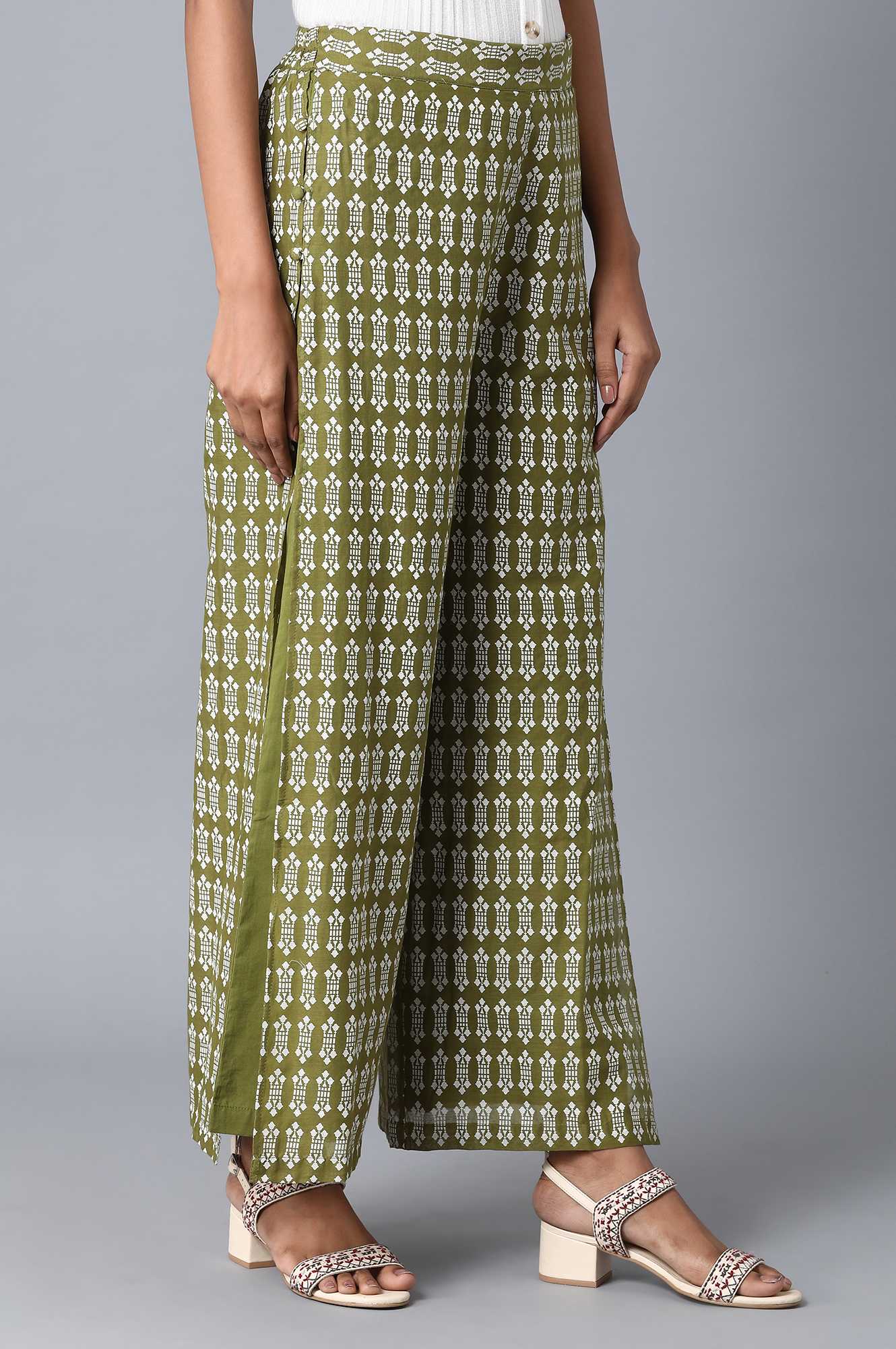 Olive Floral Printed Flared Cotton Palazzo with Elasticated Waist