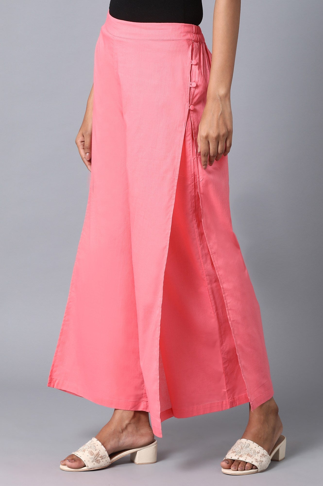 Pink Floral Straight Fit Cotton Palazzo With Elasticated Waistband