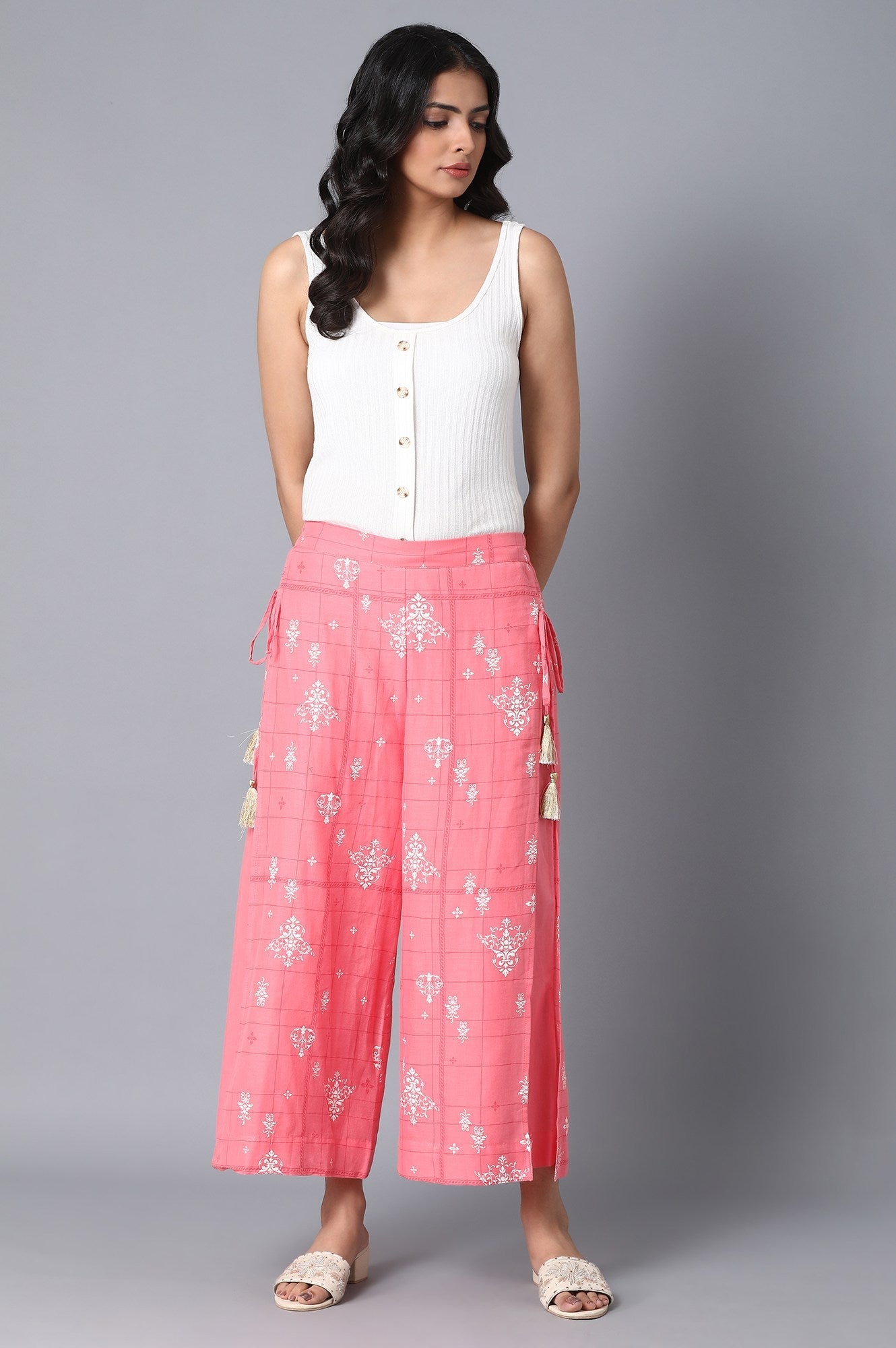 Pink Printed Wide Leg Cotton Palazzo With Drawstring Detail