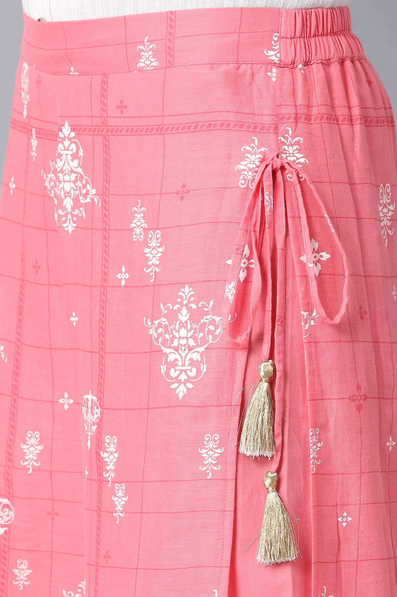 Pink Printed Wide Leg Cotton Palazzo With Drawstring Detail