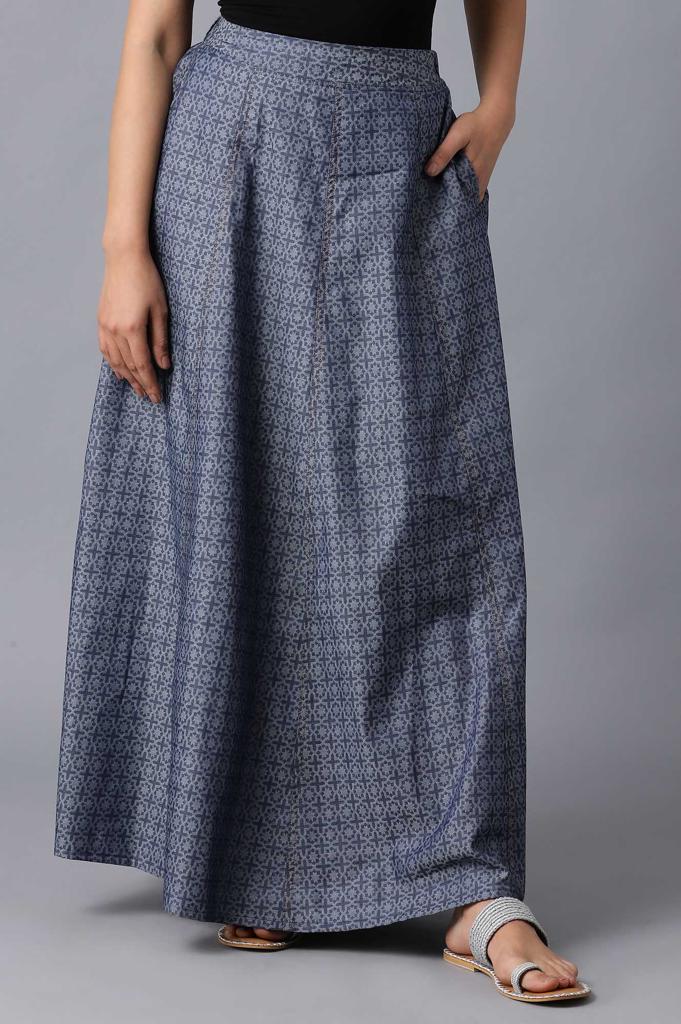 Blue Geometric Printed Flared Cotton Skirt With Side Pockets