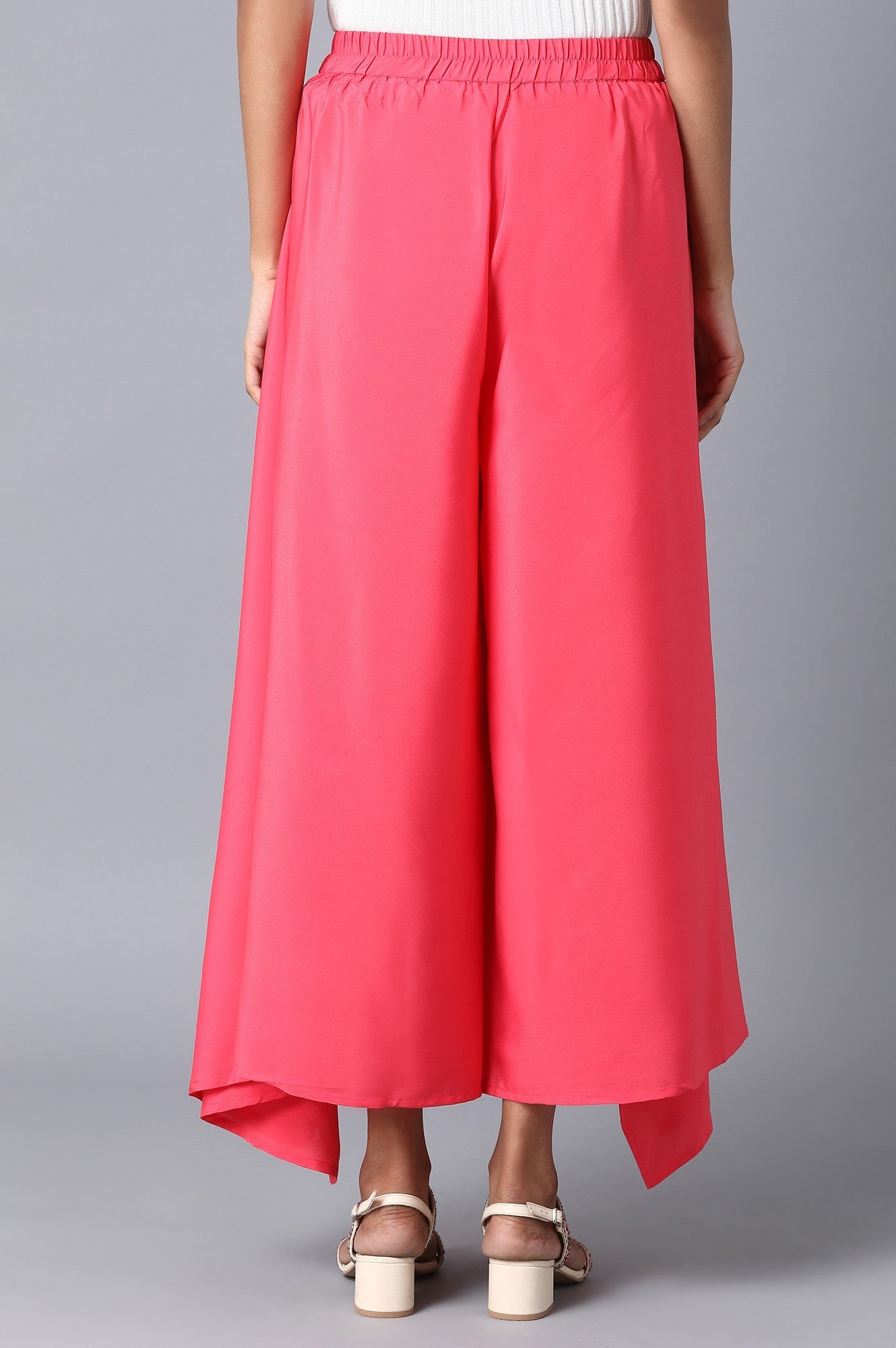 Pink Solid Flared Woven Palazzo With Elasticated Waistband