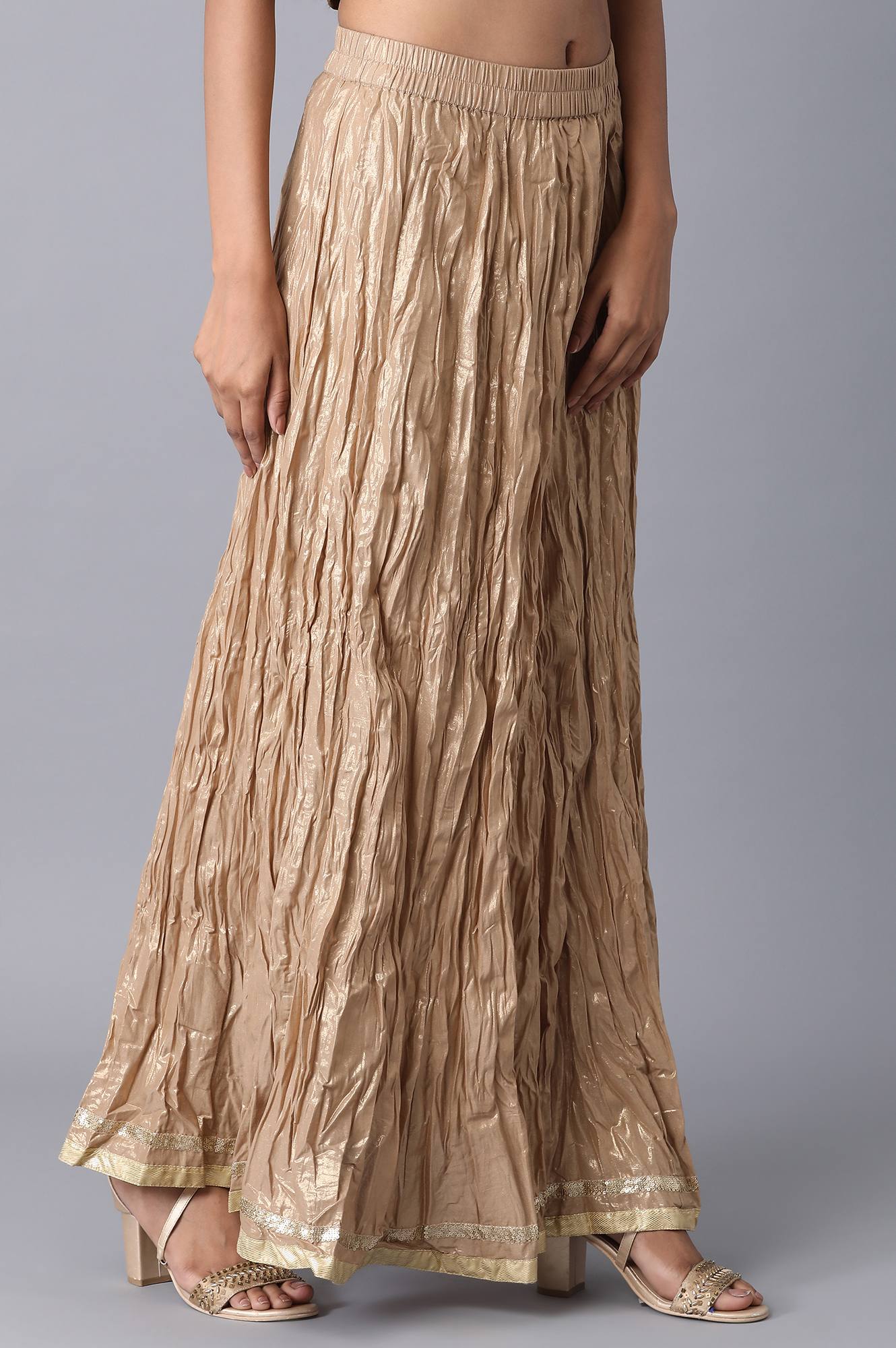 Gold Crinkled Flared Cotton Skirt With Elasticated Waist