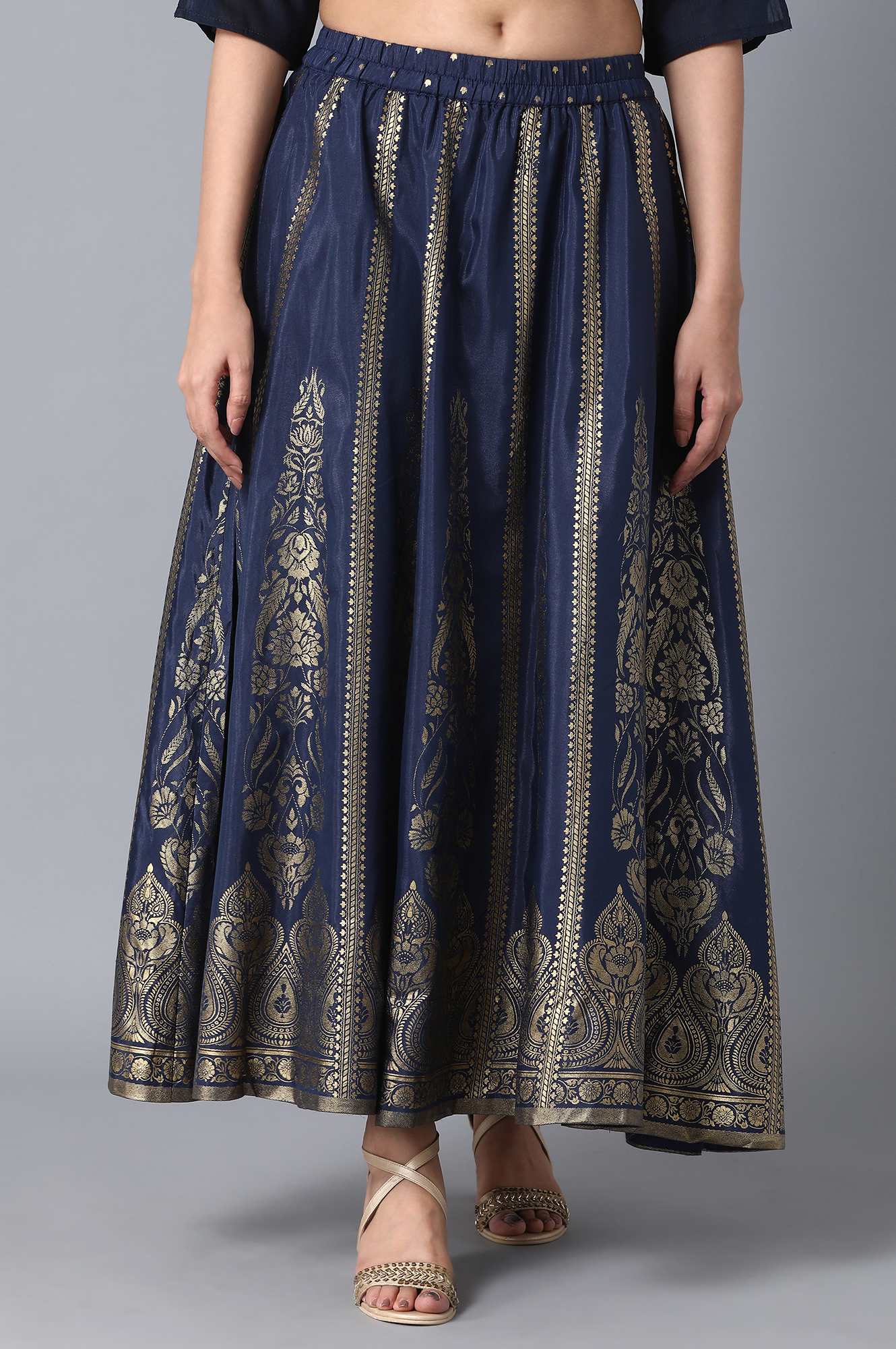 Navy Blue Printed Flared Woven Skirt With Elasticated Waist