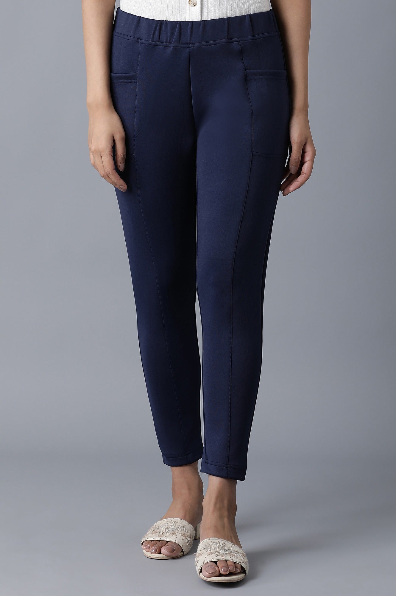 Navy Blue Solid Skinny Fit Tights With Elasticated Waistband