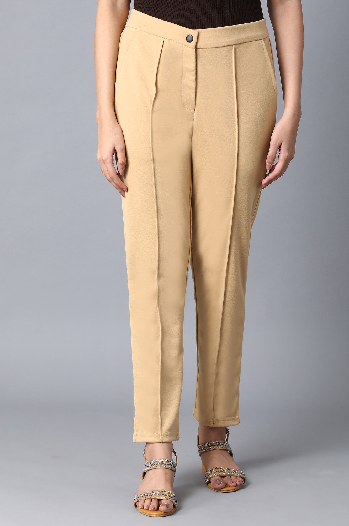 Gold Solid Straight Fit Trousers With Front Zip Closure