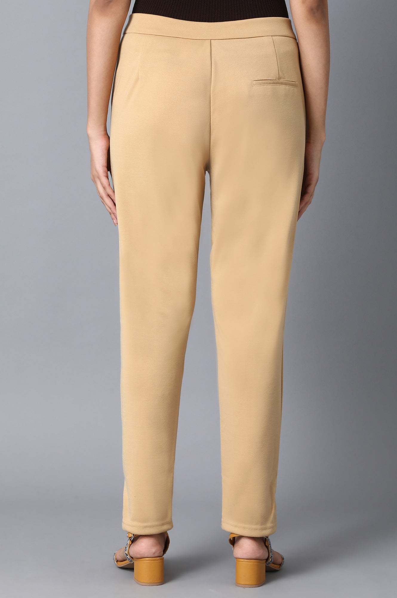 Gold Solid Straight Fit Trousers With Front Zip Closure