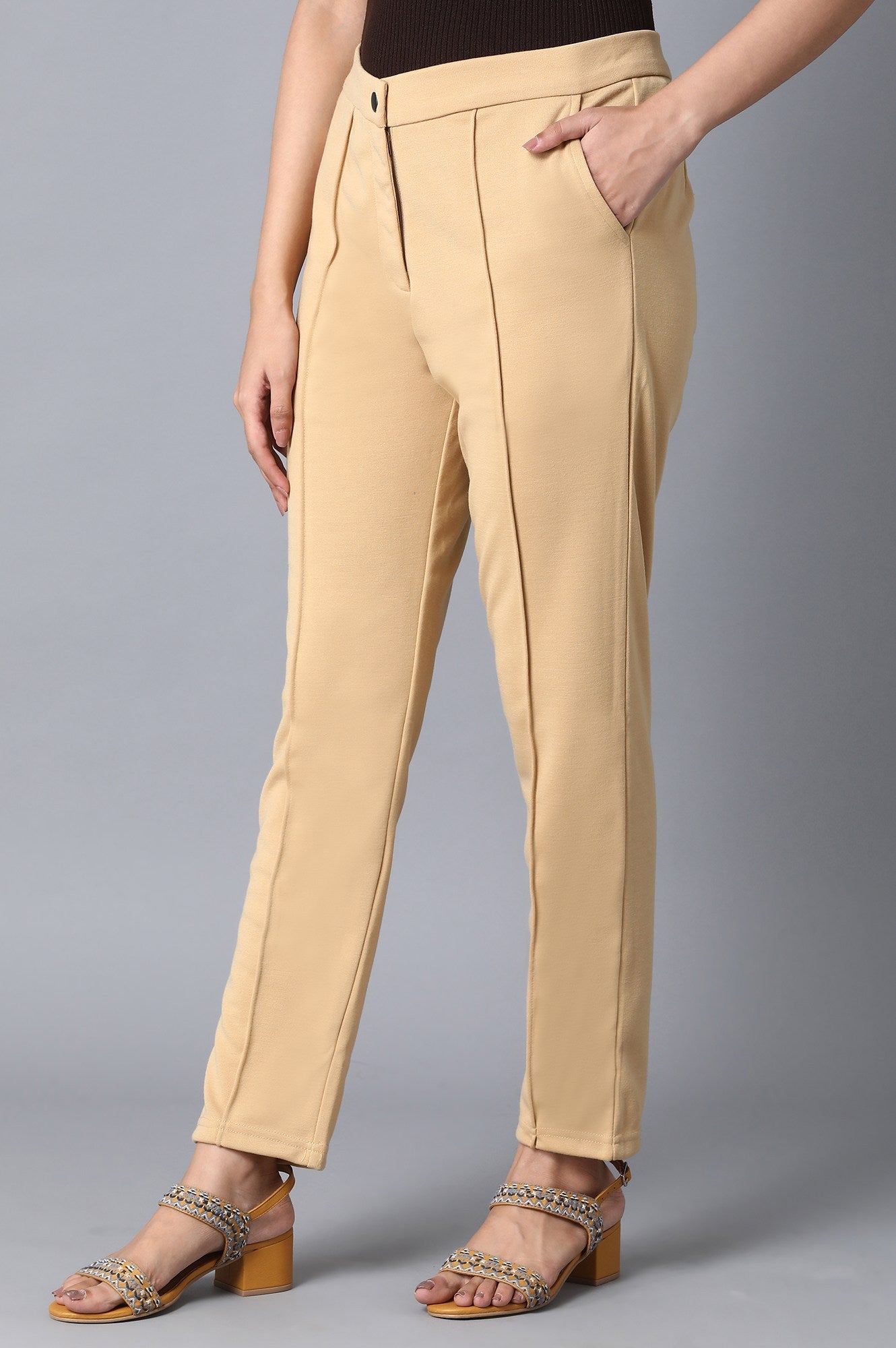 Gold Solid Straight Fit Trousers With Front Zip Closure