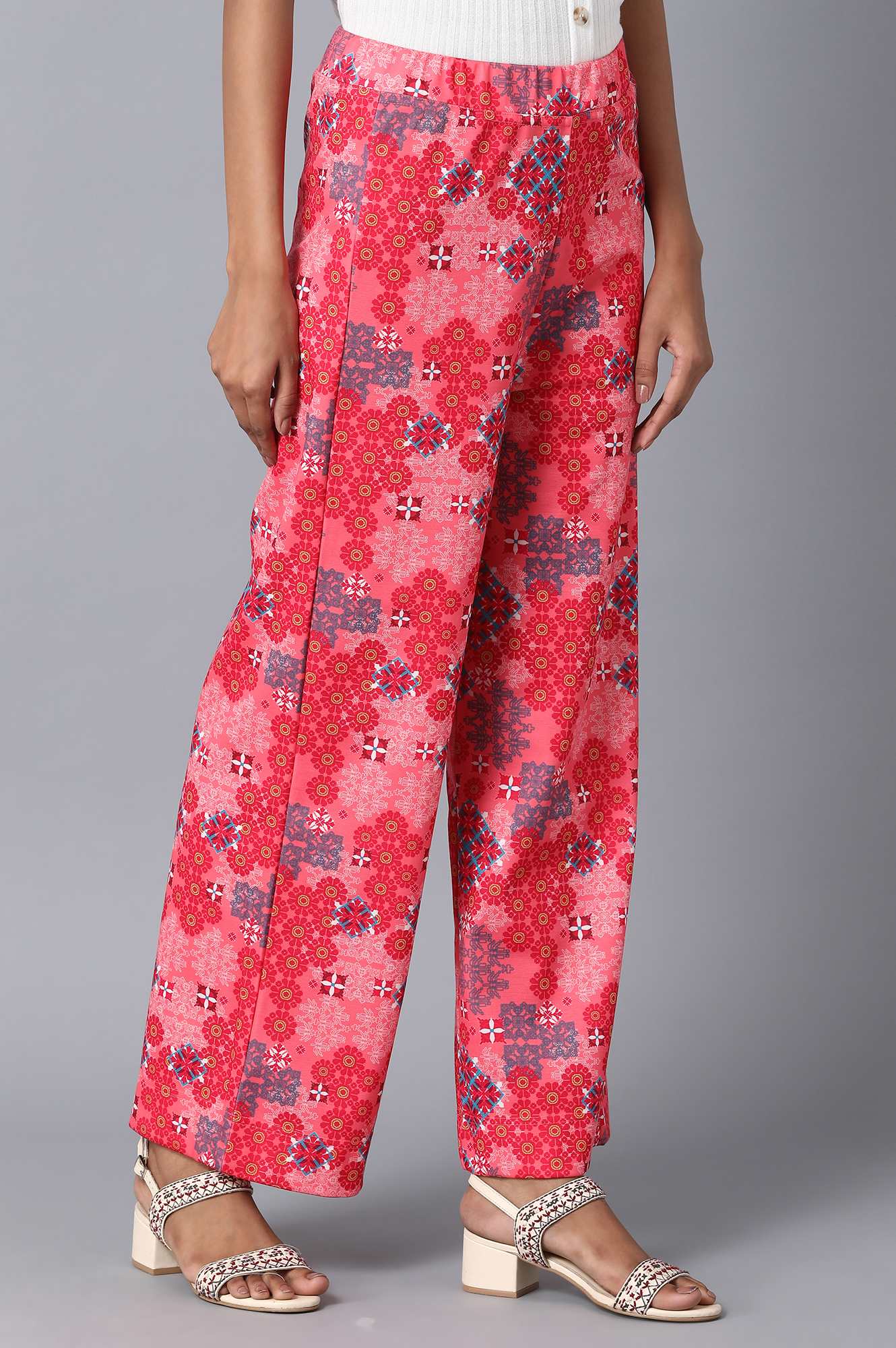 Red Geometric Printed Wide-leg Knit Palazzo with Elasticated Waist