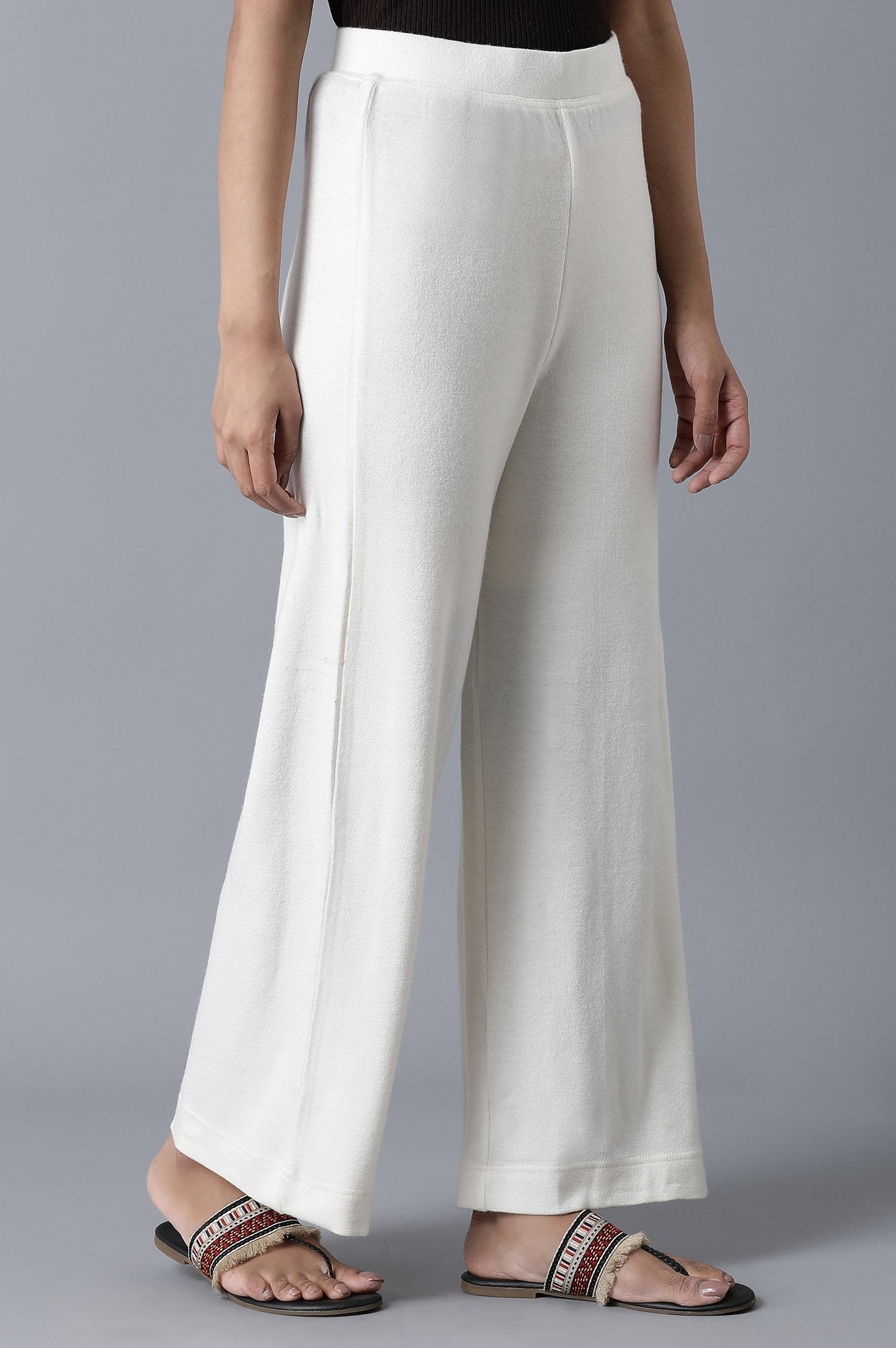 White Solid Straight Fit Palazzo With Elasticated Waistband