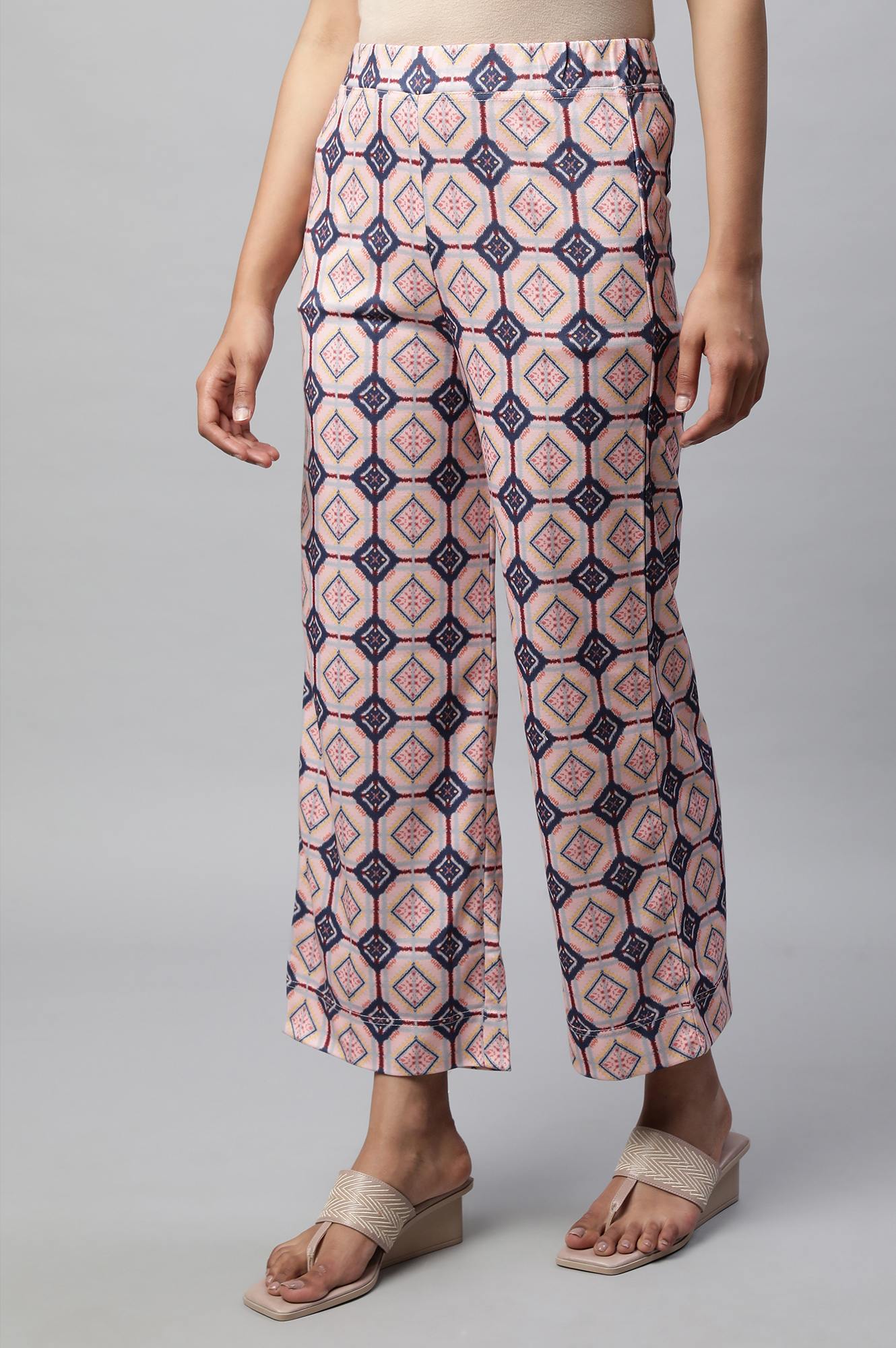 Pink Geometric Printed Straight Fit Palazzo With Elasticated Waist