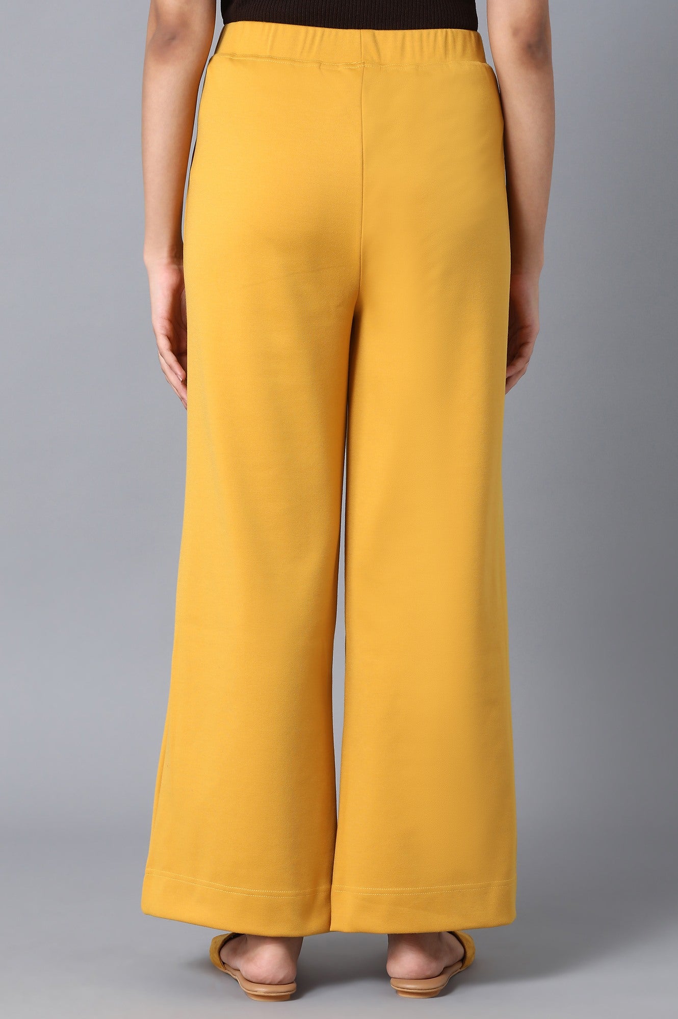 Mustard Solid Straight-fit Knit Palazzo with Elasticated Waistband