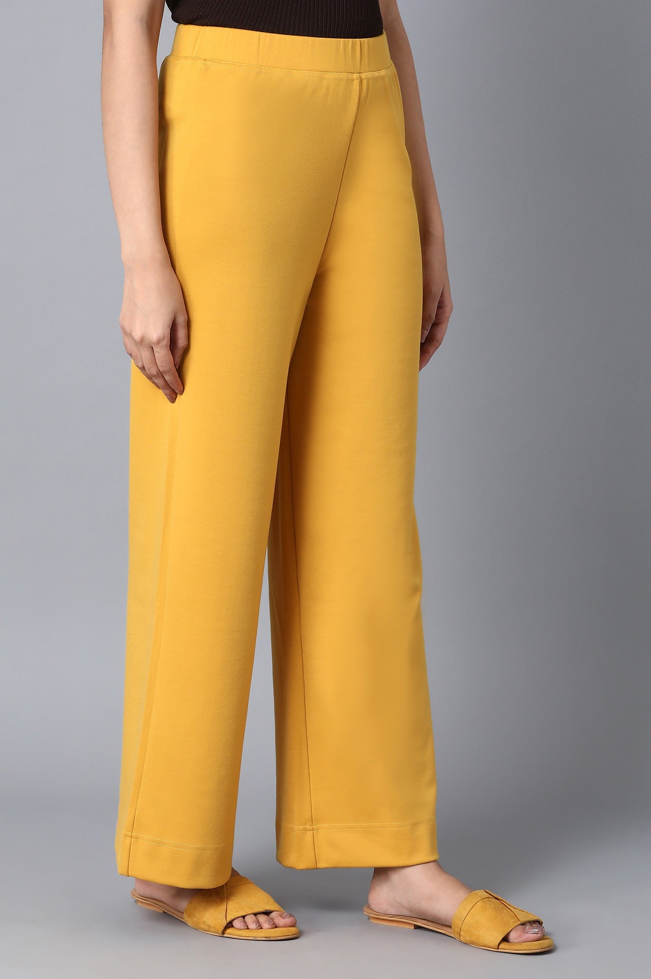 Mustard Solid Straight-fit Knit Palazzo with Elasticated Waistband